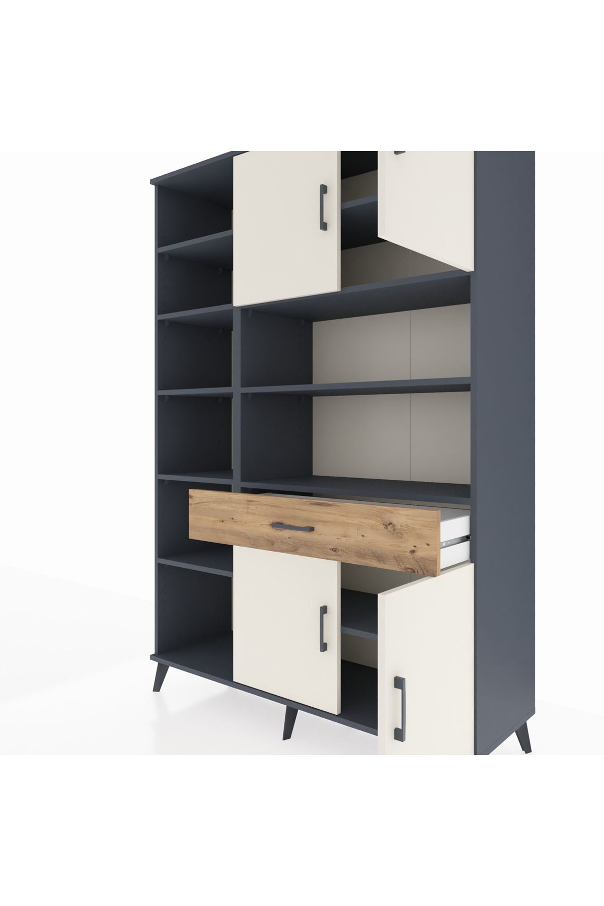 Hyperion Dolap 10 Raflı Tek Çekmeceli 4 Kapaklı 132x44x195 Antrasit-Aytaşı/Çam