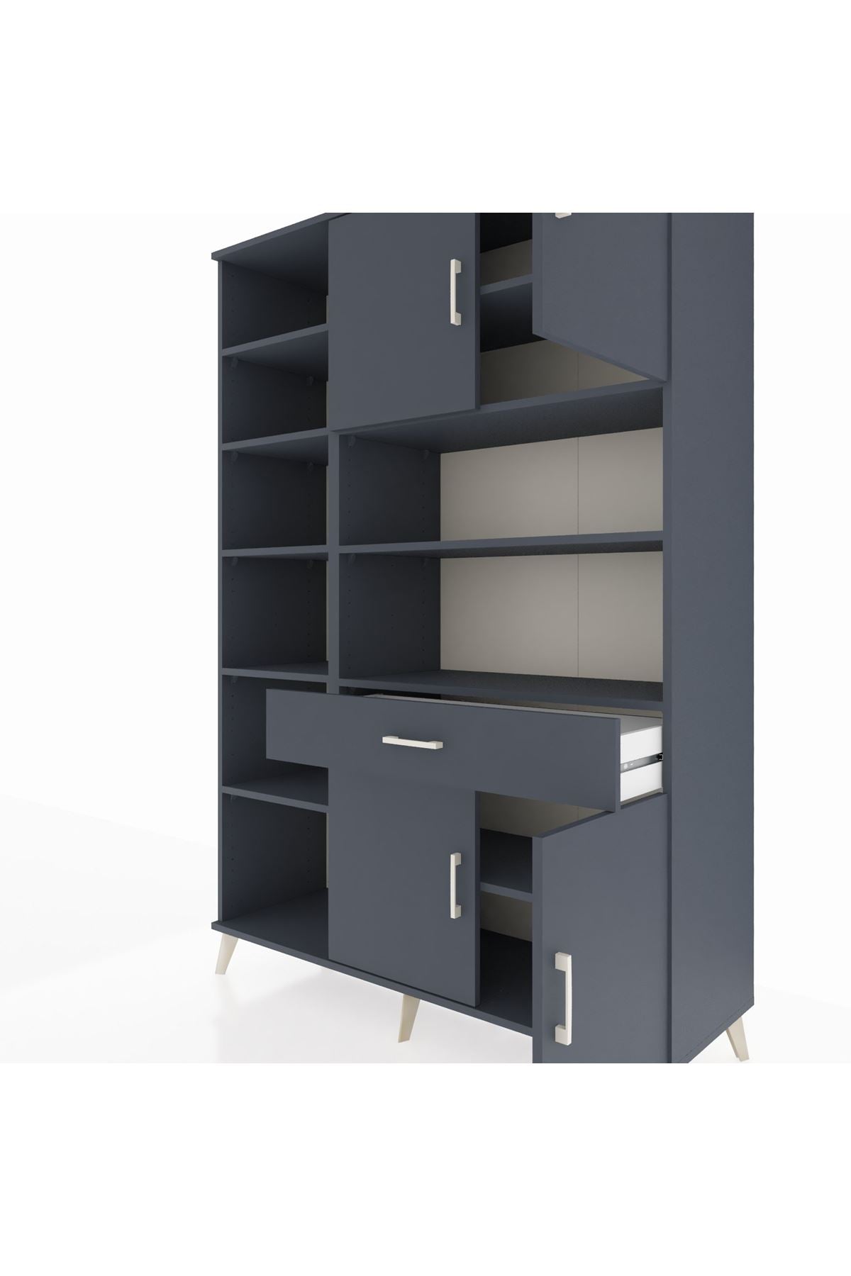 Hyperion Dolap 10 Raflı Tek Çekmeceli 4 Kapaklı 132x44x195 Antrasit-Antrasit/Antrasit