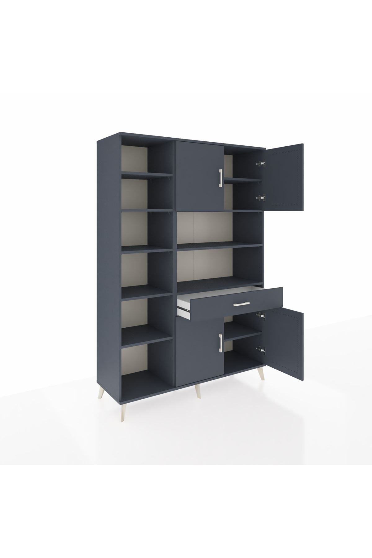 Hyperion Dolap 10 Raflı Tek Çekmeceli 4 Kapaklı 132x44x195 Antrasit-Antrasit/Antrasit