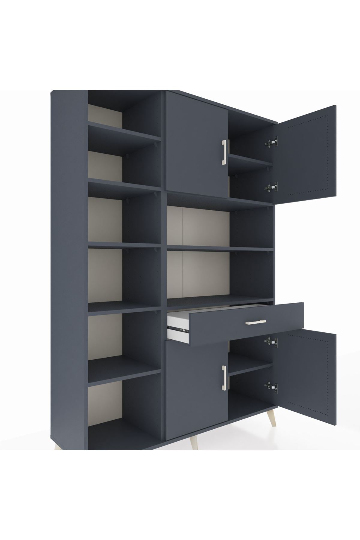 Hyperion Dolap 10 Raflı Tek Çekmeceli 4 Kapaklı 132x44x195 Antrasit-Antrasit/Antrasit