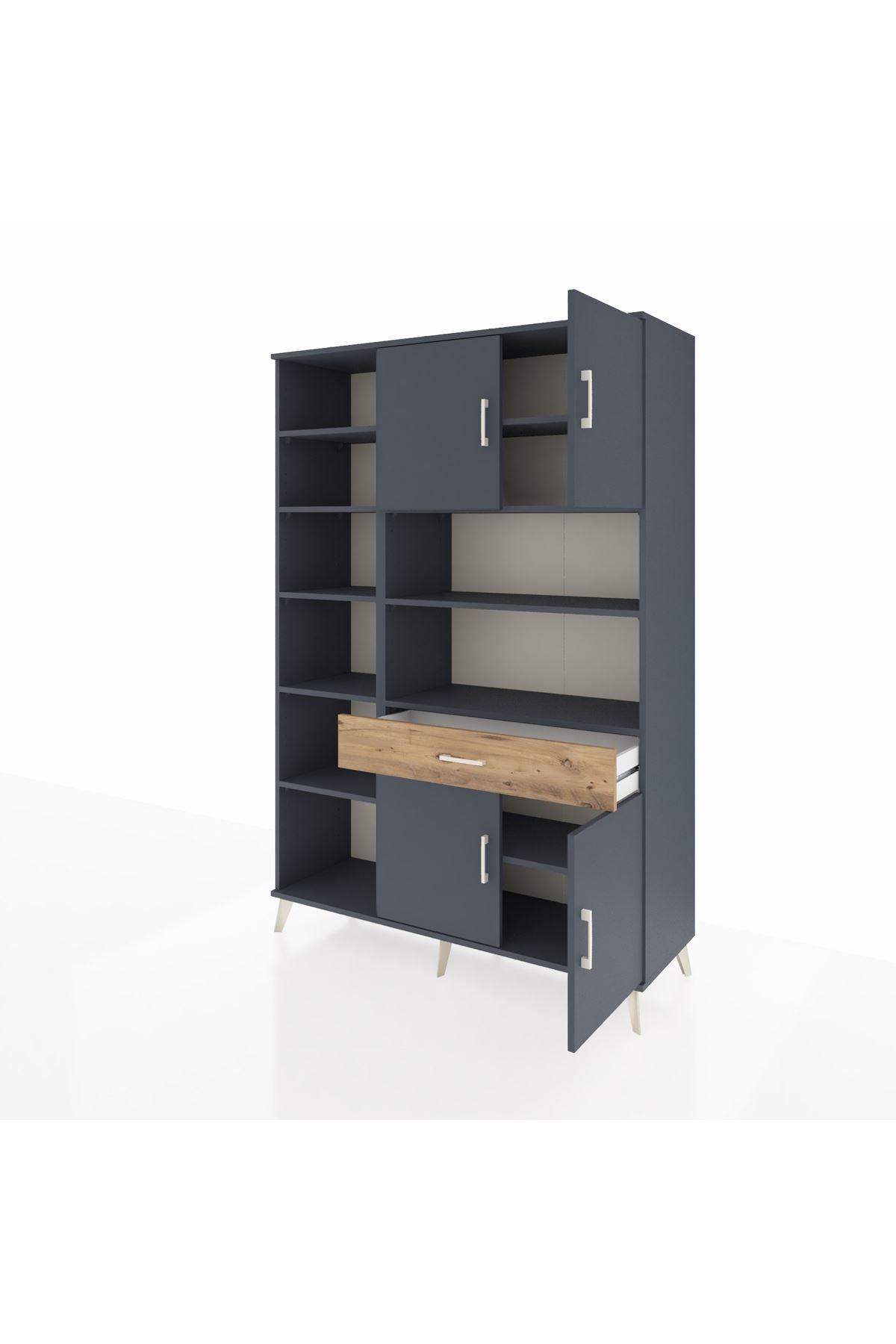 Hyperion Dolap 10 Raflı Tek Çekmeceli 4 Kapaklı 132x44x195 Antrasit-Antrasit/Çam