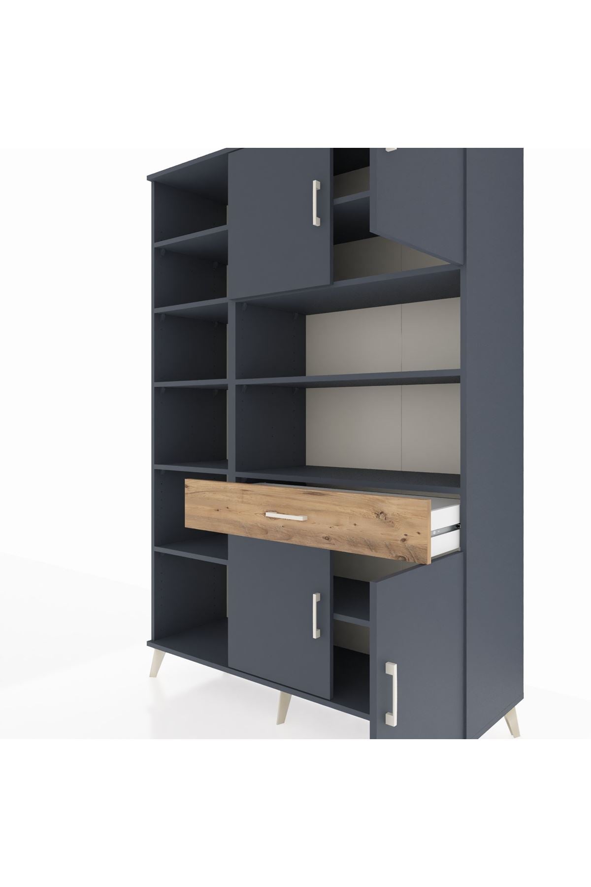 Hyperion Dolap 10 Raflı Tek Çekmeceli 4 Kapaklı 132x44x195 Antrasit-Antrasit/Çam