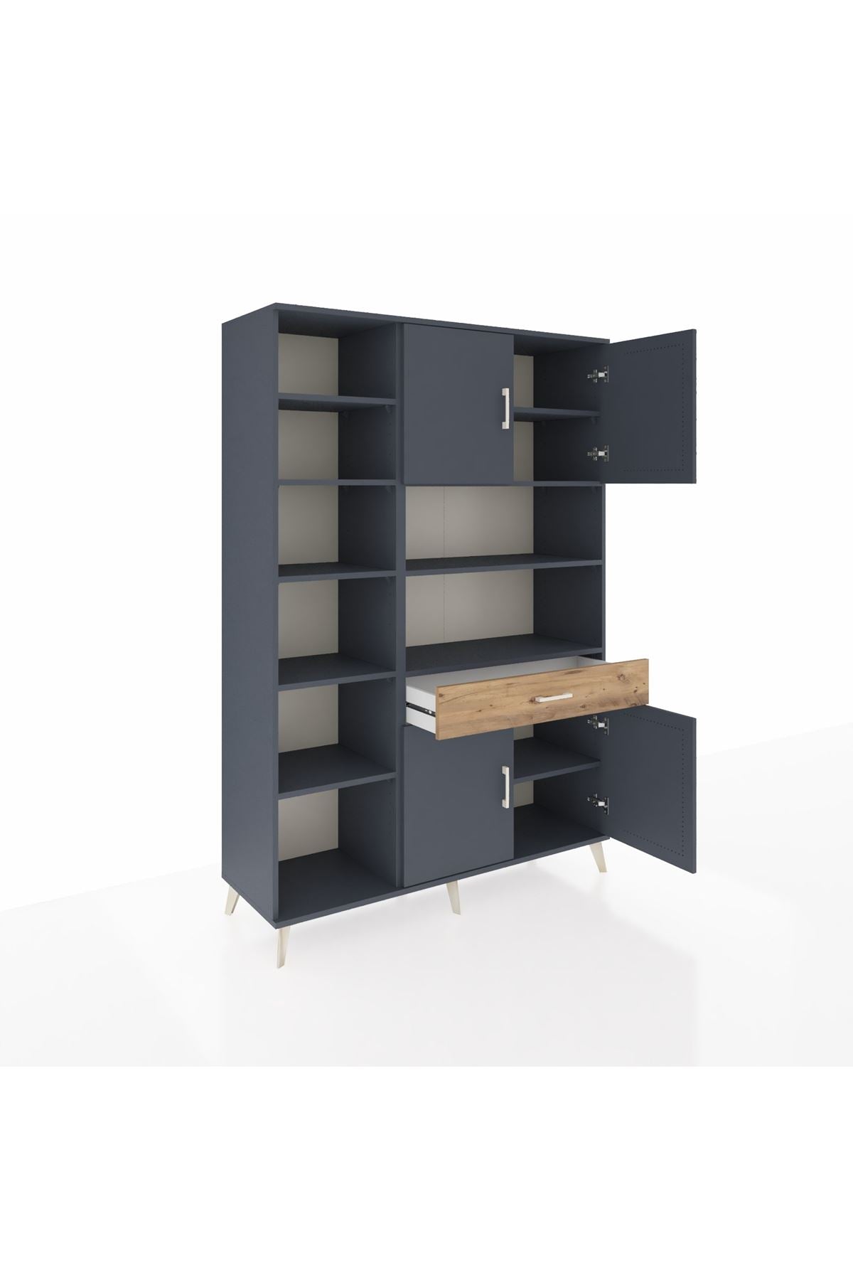 Hyperion Dolap 10 Raflı Tek Çekmeceli 4 Kapaklı 132x44x195 Antrasit-Antrasit/Çam