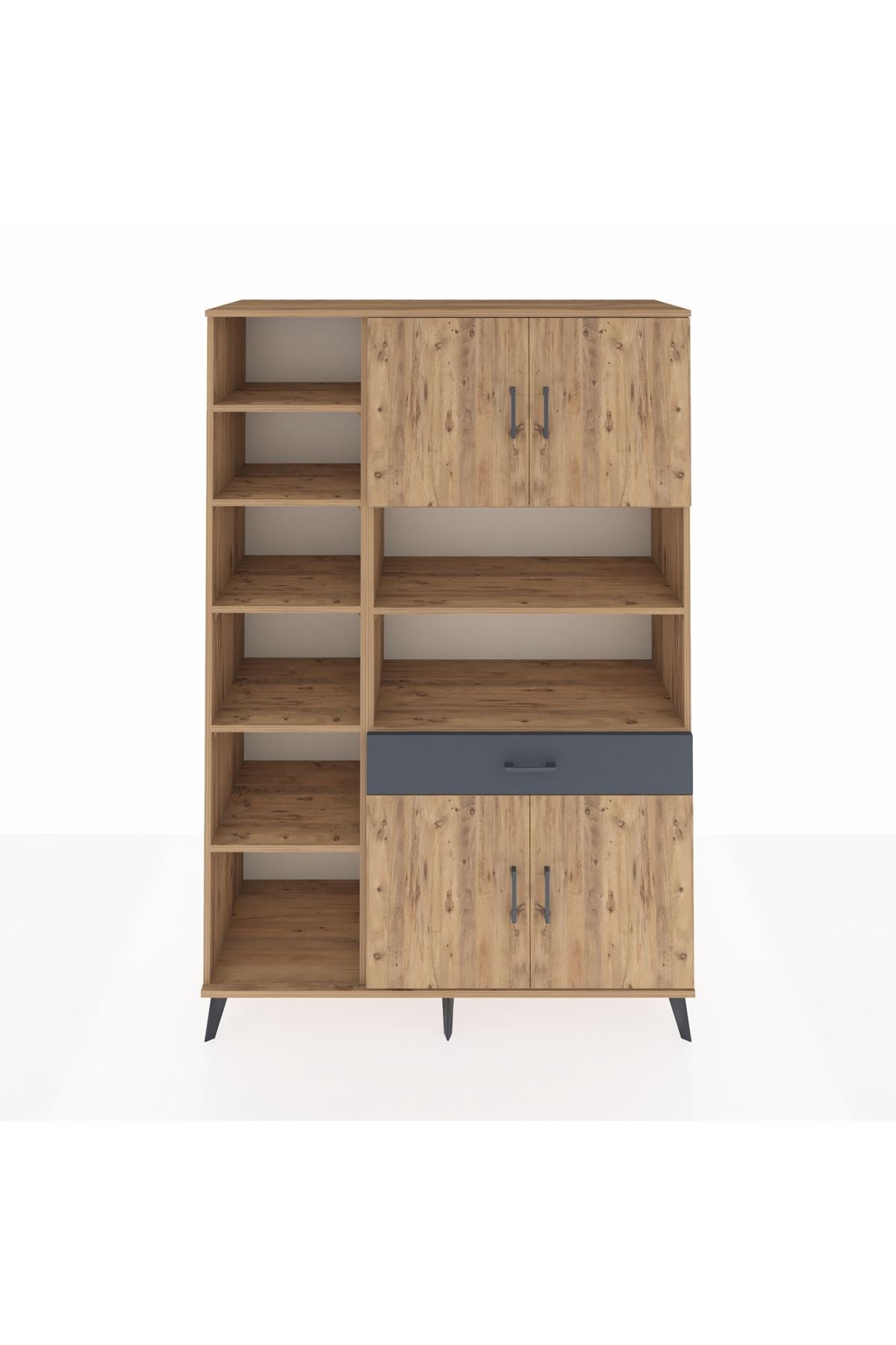 Hyperion Dolap 10 Raflı Tek Çekmeceli 4 Kapaklı 132x44x195 Çam-Çam/Antrasit