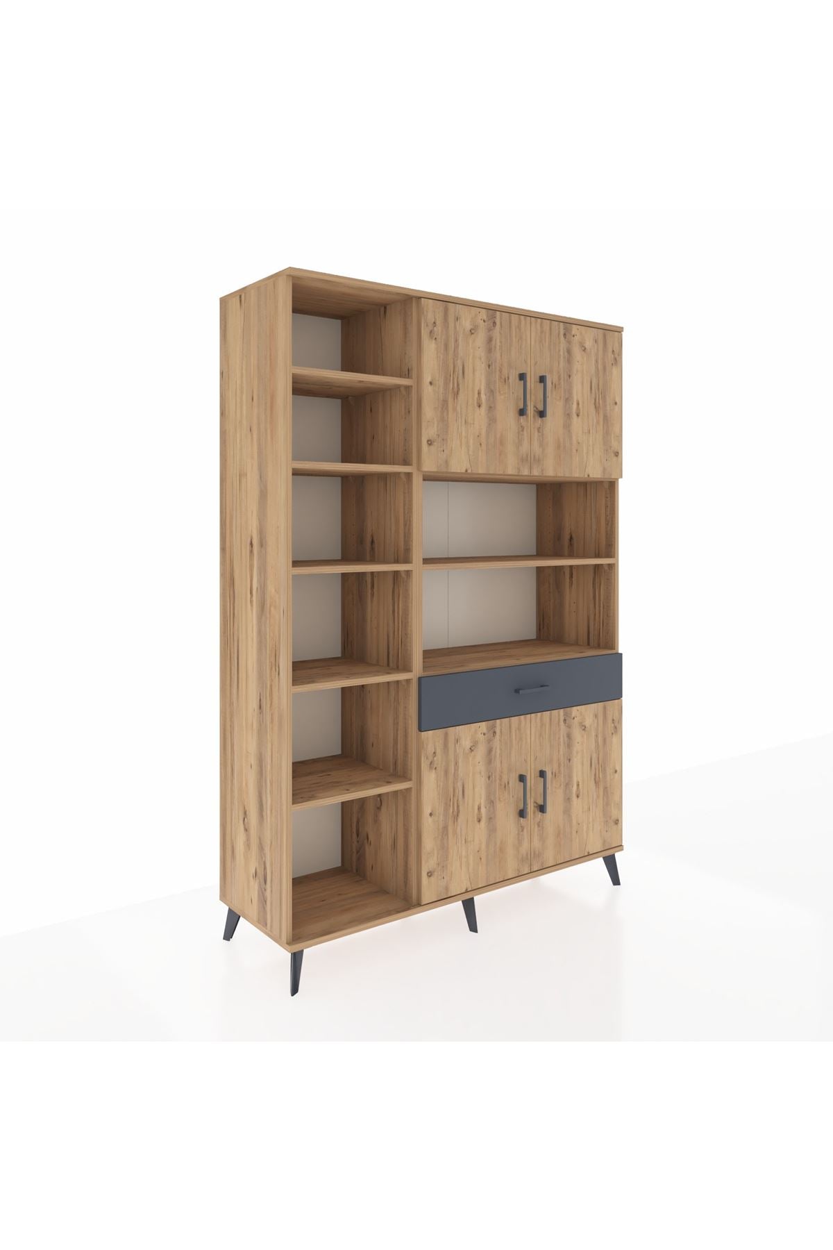 Hyperion Dolap 10 Raflı Tek Çekmeceli 4 Kapaklı 132x44x195 Çam-Çam/Antrasit