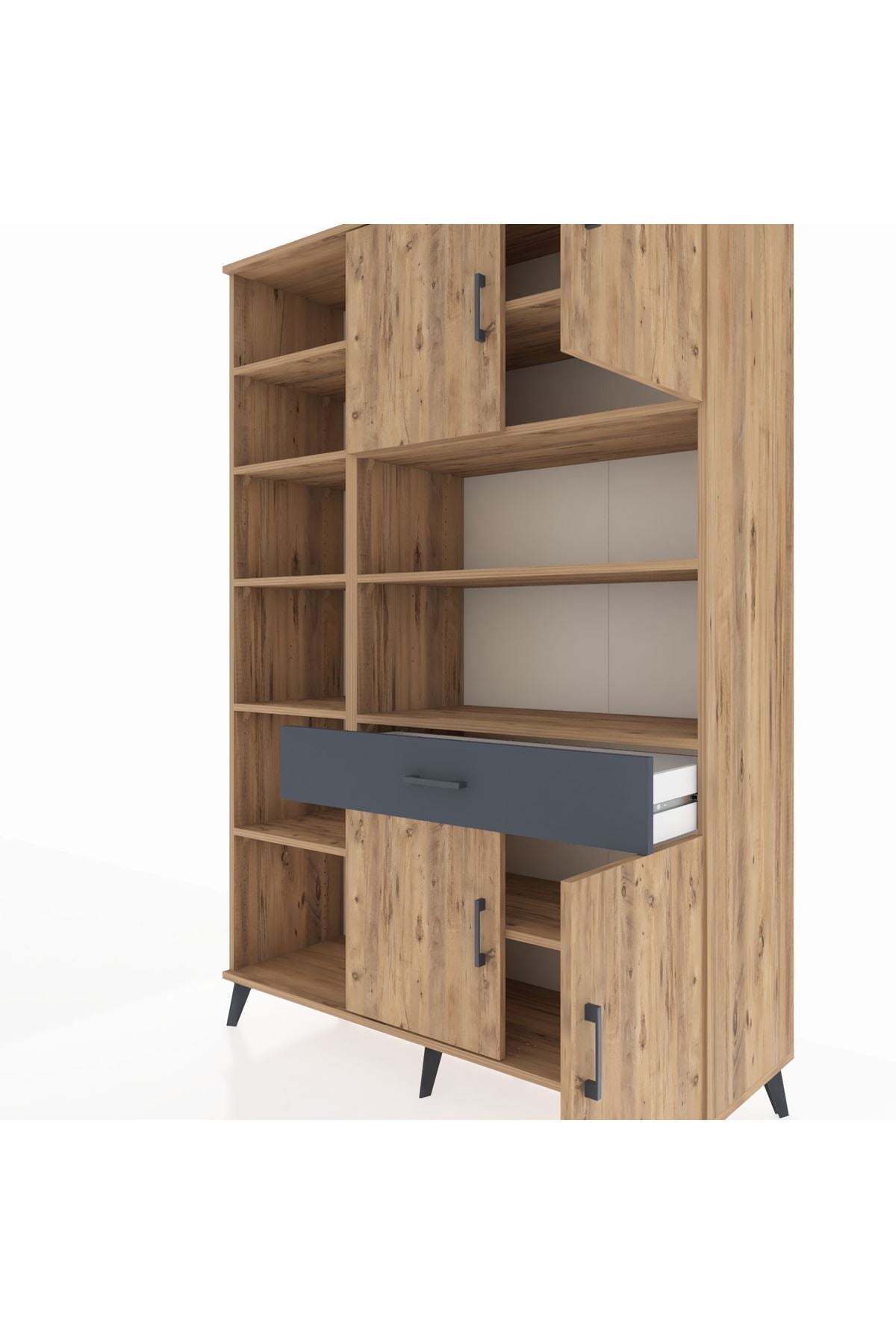 Hyperion Dolap 10 Raflı Tek Çekmeceli 4 Kapaklı 132x44x195 Çam-Çam/Antrasit