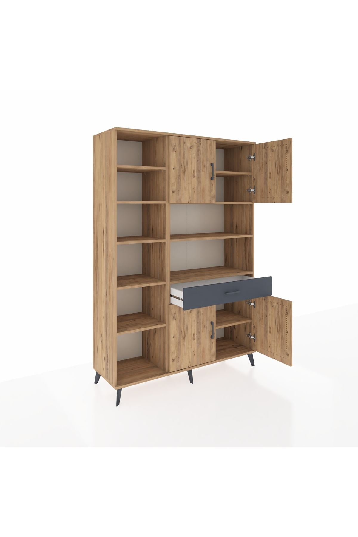 Hyperion Dolap 10 Raflı Tek Çekmeceli 4 Kapaklı 132x44x195 Çam-Çam/Antrasit