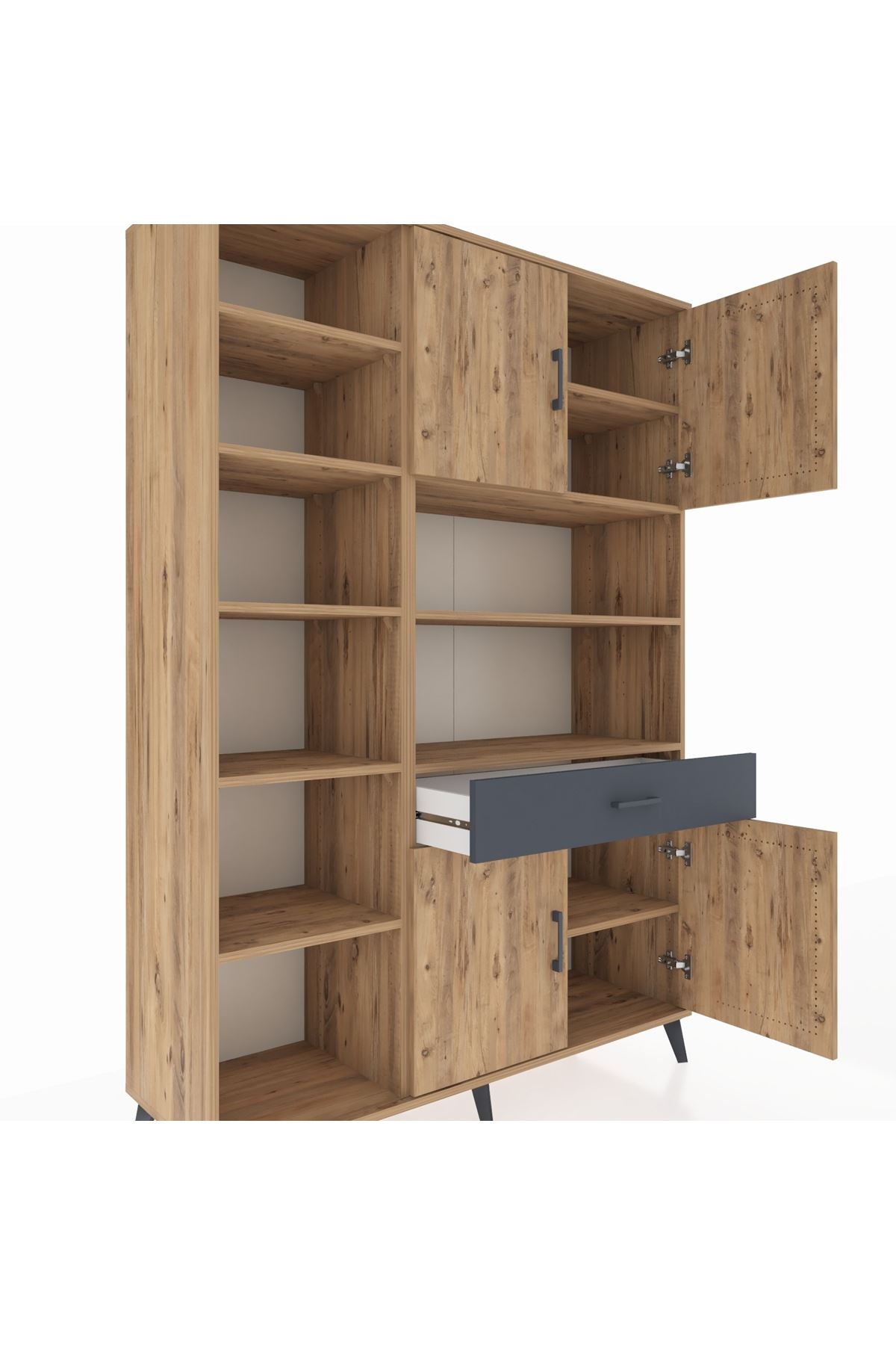 Hyperion Dolap 10 Raflı Tek Çekmeceli 4 Kapaklı 132x44x195 Çam-Çam/Antrasit