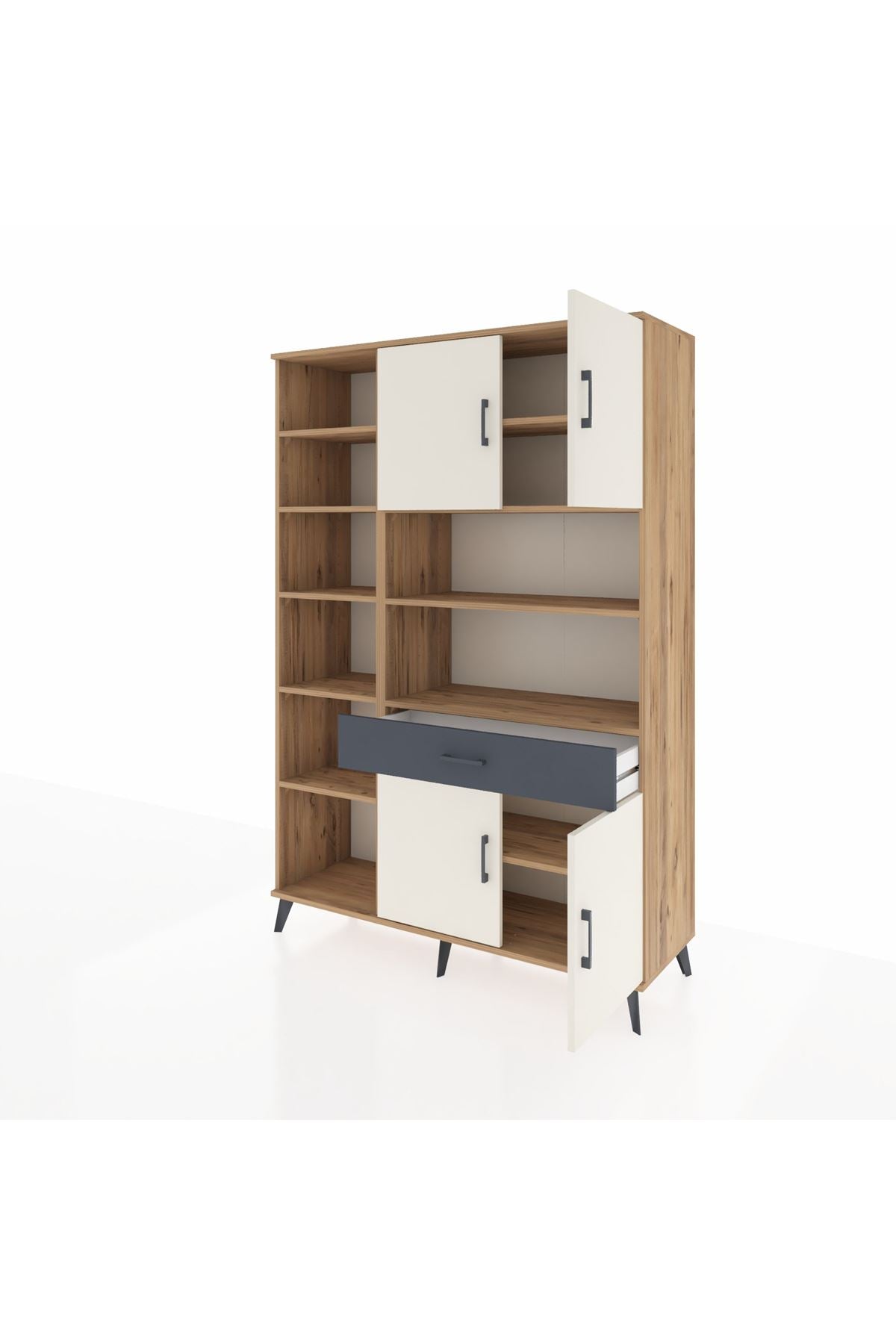 Hyperion Dolap 10 Raflı Tek Çekmeceli 4 Kapaklı 132x44x195 Çam-Aytaşı/Antrasit