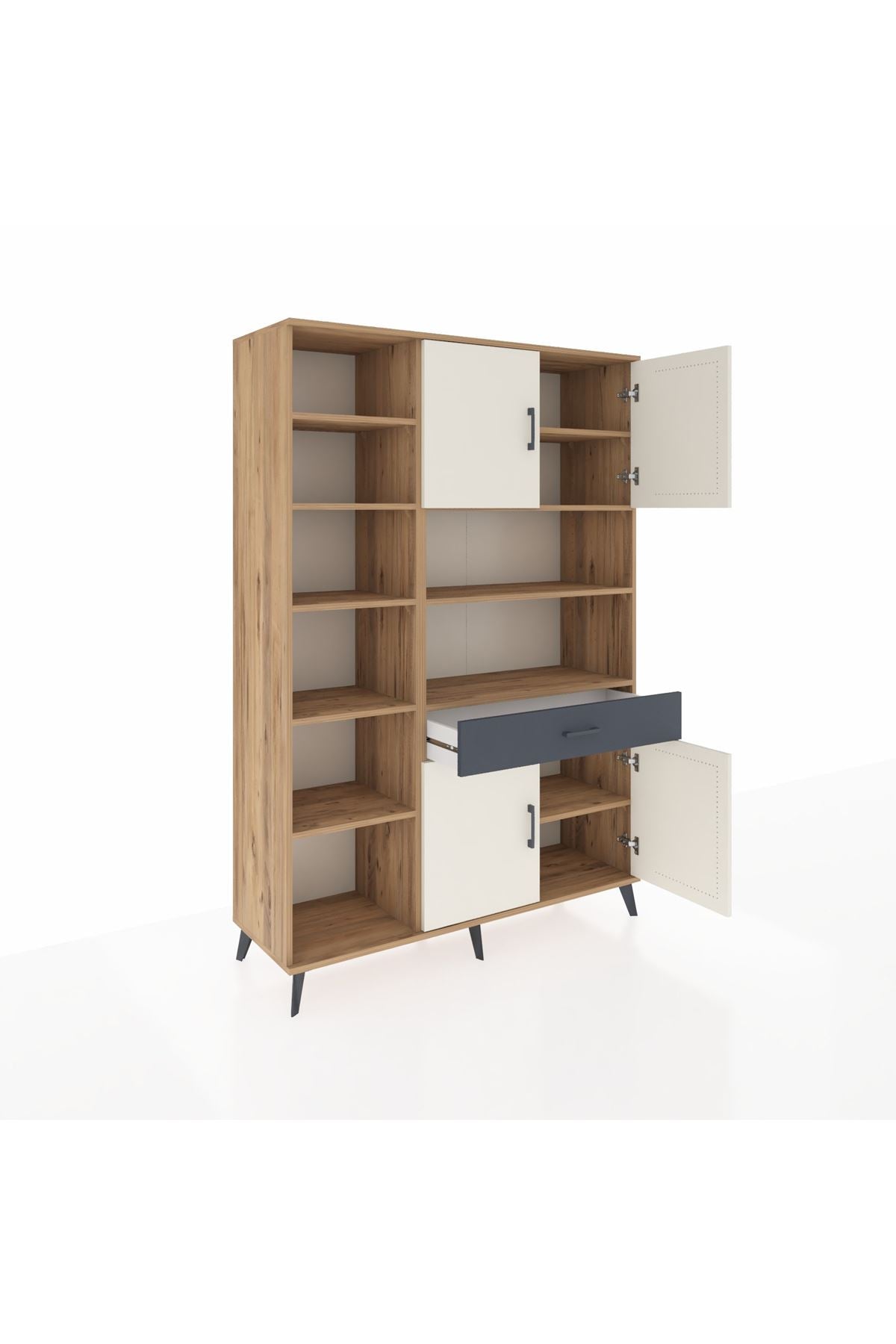 Hyperion Dolap 10 Raflı Tek Çekmeceli 4 Kapaklı 132x44x195 Çam-Aytaşı/Antrasit