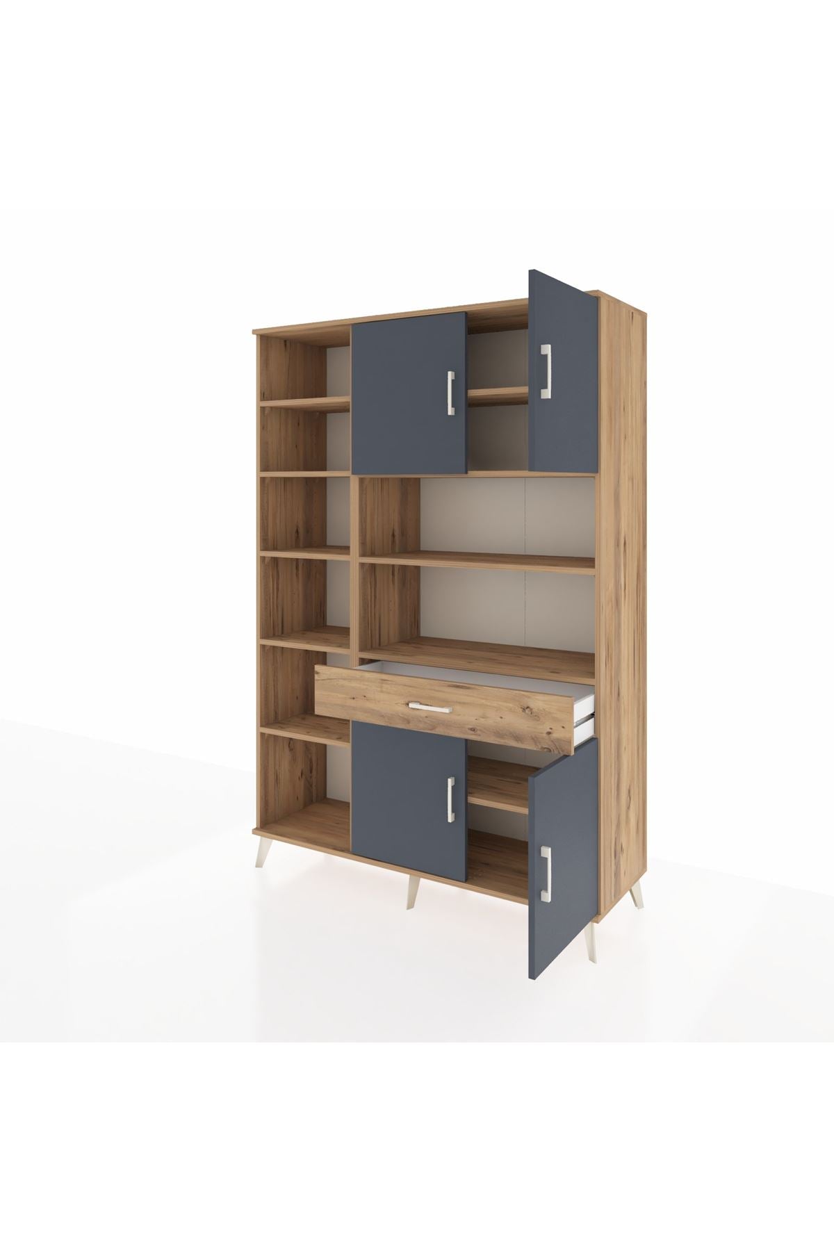 Hyperion Dolap 10 Raflı Tek Çekmeceli 4 Kapaklı 132x44x195 Çam-Antrasit/Çam