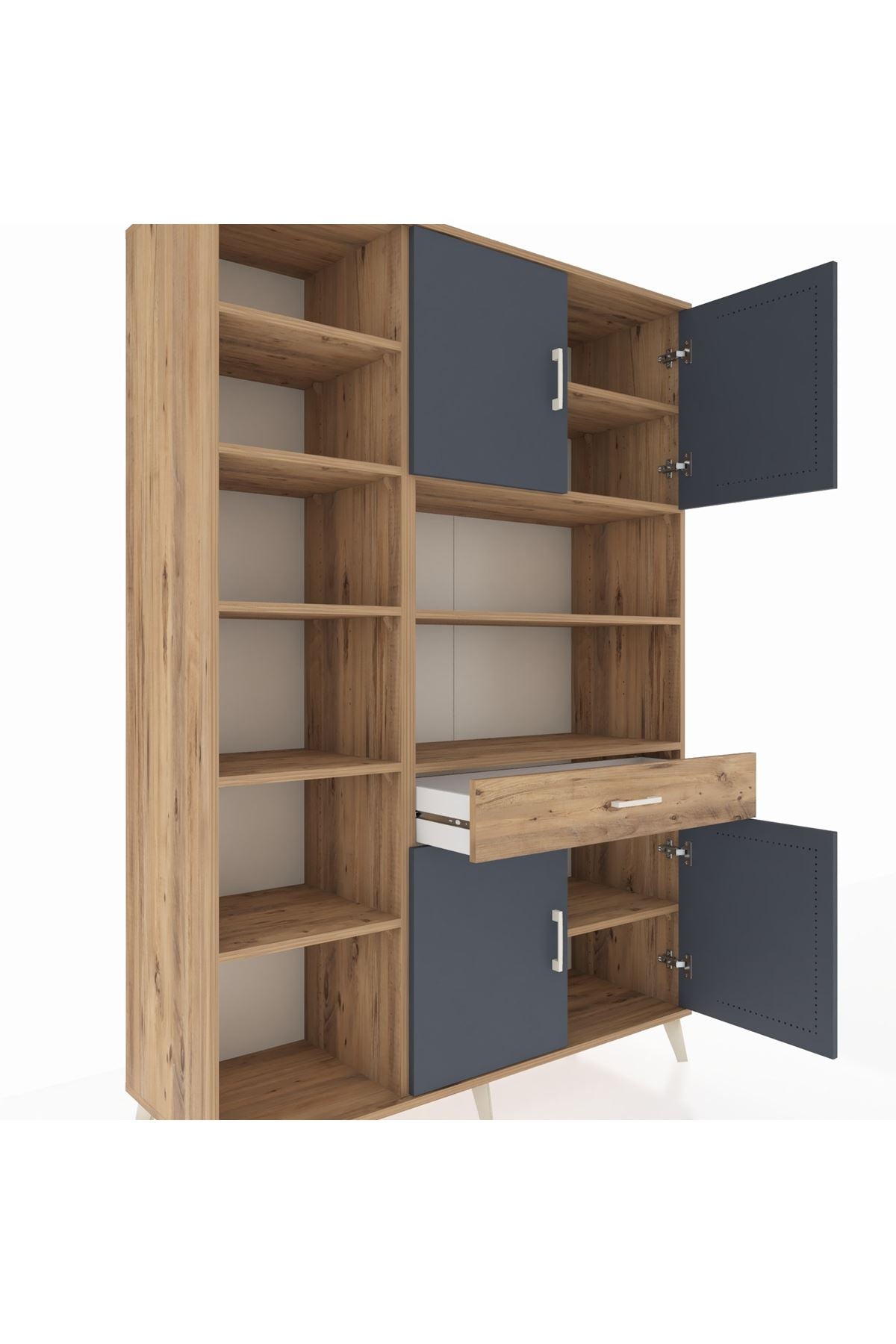 Hyperion Dolap 10 Raflı Tek Çekmeceli 4 Kapaklı 132x44x195 Çam-Antrasit/Çam