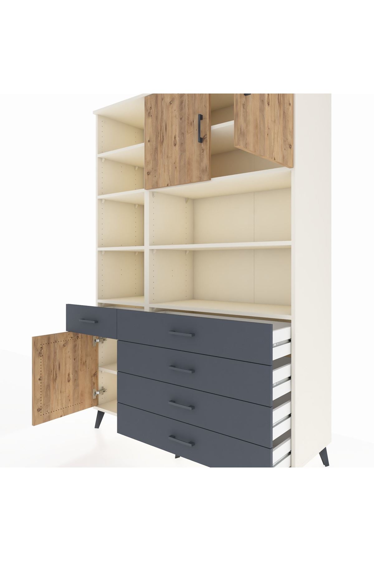 Hyperion Dolap 9 Raflı 5 Çekmeceli 3 Kapaklı 132x44x195 Aytaşı-Çam/Antrasit