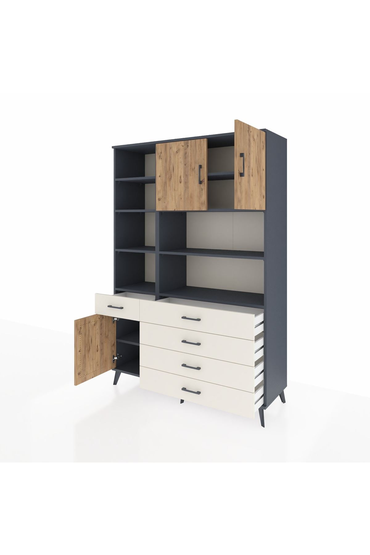 Hyperion Dolap 9 Raflı 5 Çekmeceli 3 Kapaklı 132x44x195 Antrasit-Çam/Aytaşı