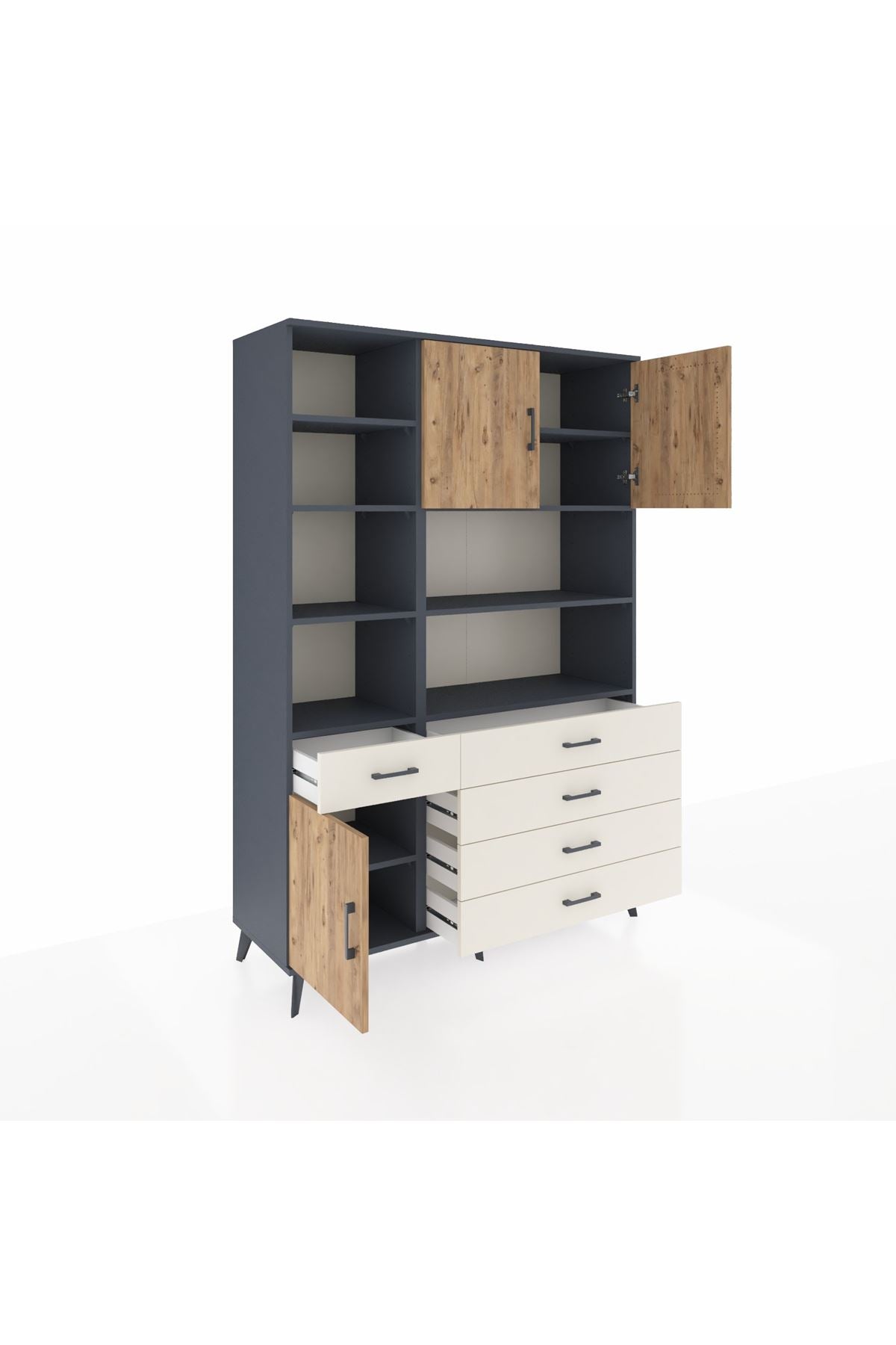 Hyperion Dolap 9 Raflı 5 Çekmeceli 3 Kapaklı 132x44x195 Antrasit-Çam/Aytaşı