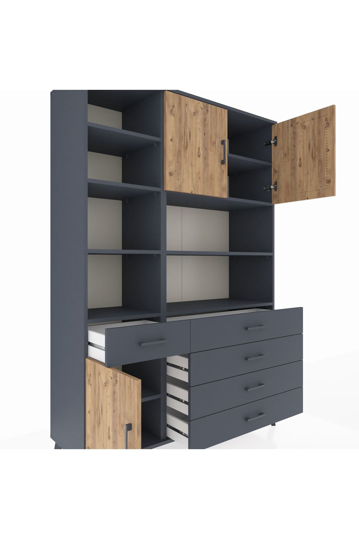 Hyperion Dolap 9 Raflı 5 Çekmeceli 3 Kapaklı 132x44x195 Antrasit-Çam/Antrasit