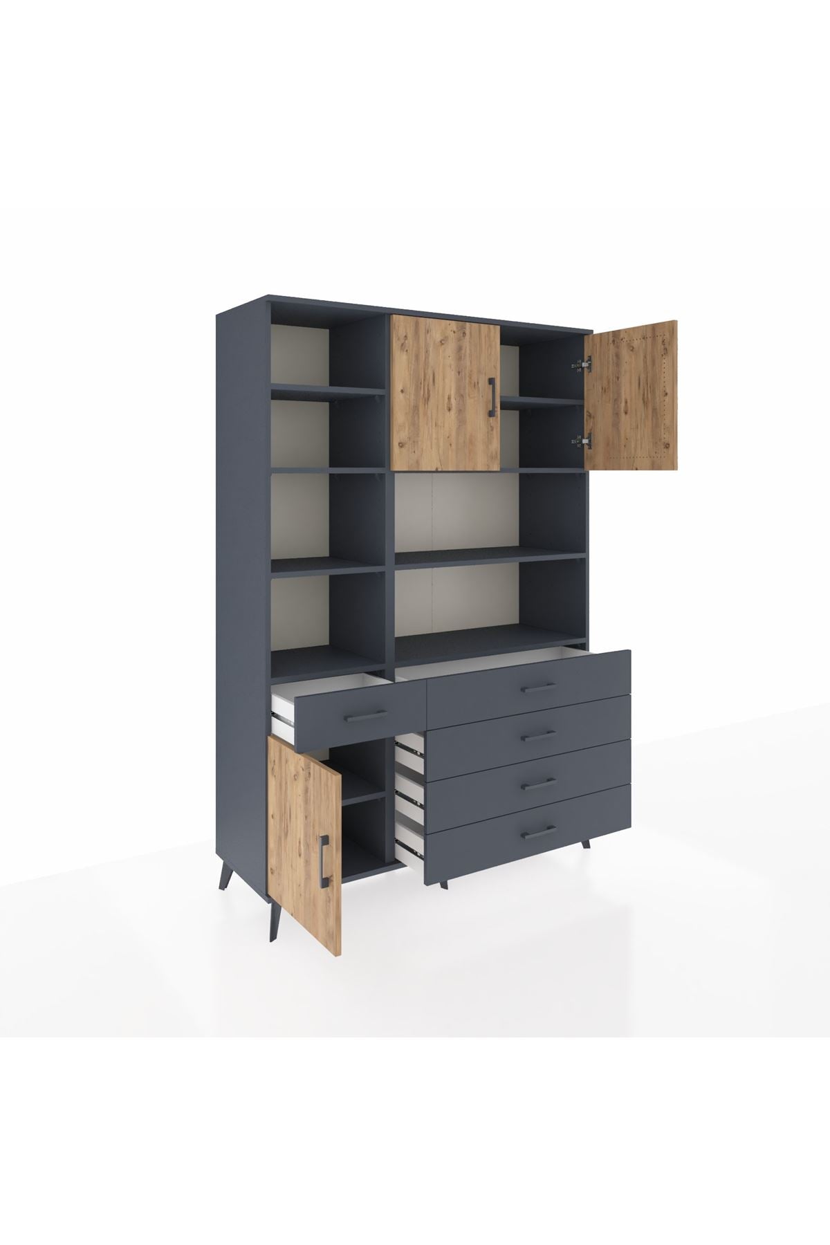 Hyperion Dolap 9 Raflı 5 Çekmeceli 3 Kapaklı 132x44x195 Antrasit-Çam/Antrasit