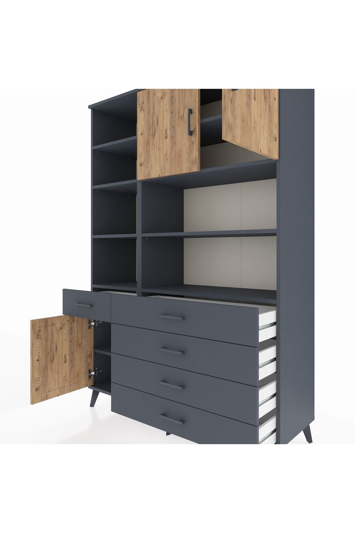 Hyperion Dolap 9 Raflı 5 Çekmeceli 3 Kapaklı 132x44x195 Antrasit-Çam/Antrasit