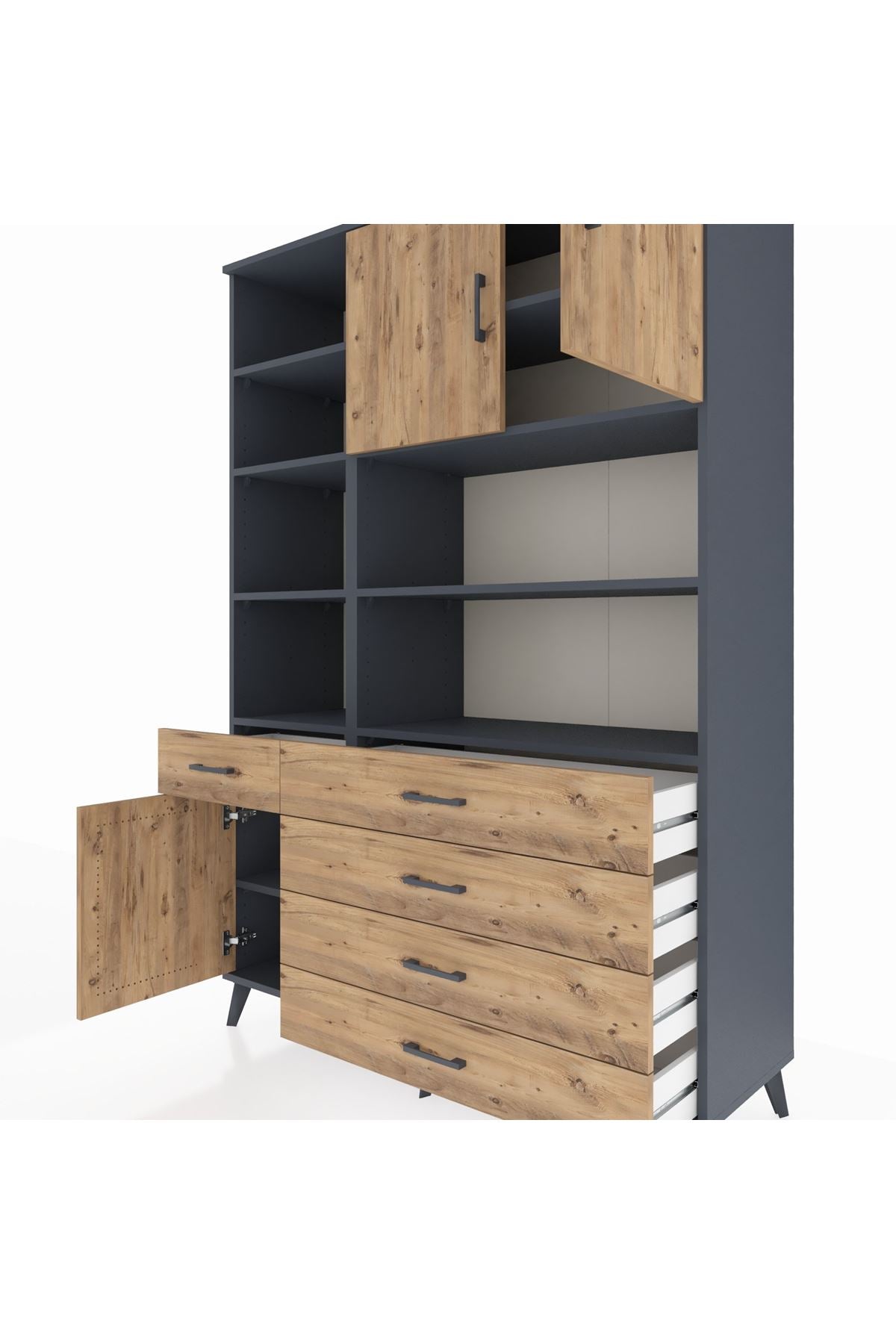 Hyperion Dolap 9 Raflı 5 Çekmeceli 3 Kapaklı 132x44x195 Antrasit-Çam/Çam