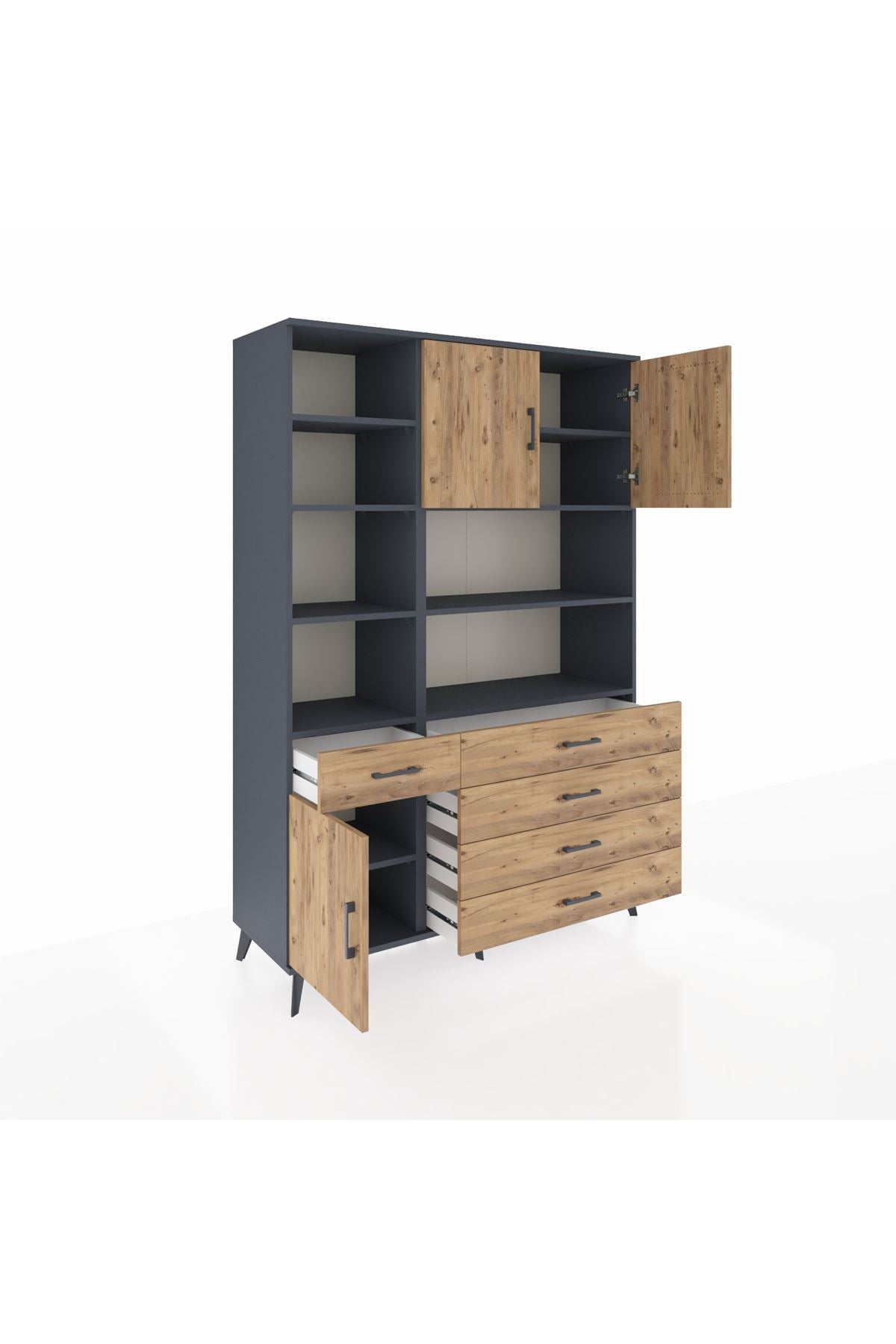 Hyperion Dolap 9 Raflı 5 Çekmeceli 3 Kapaklı 132x44x195 Antrasit-Çam/Çam