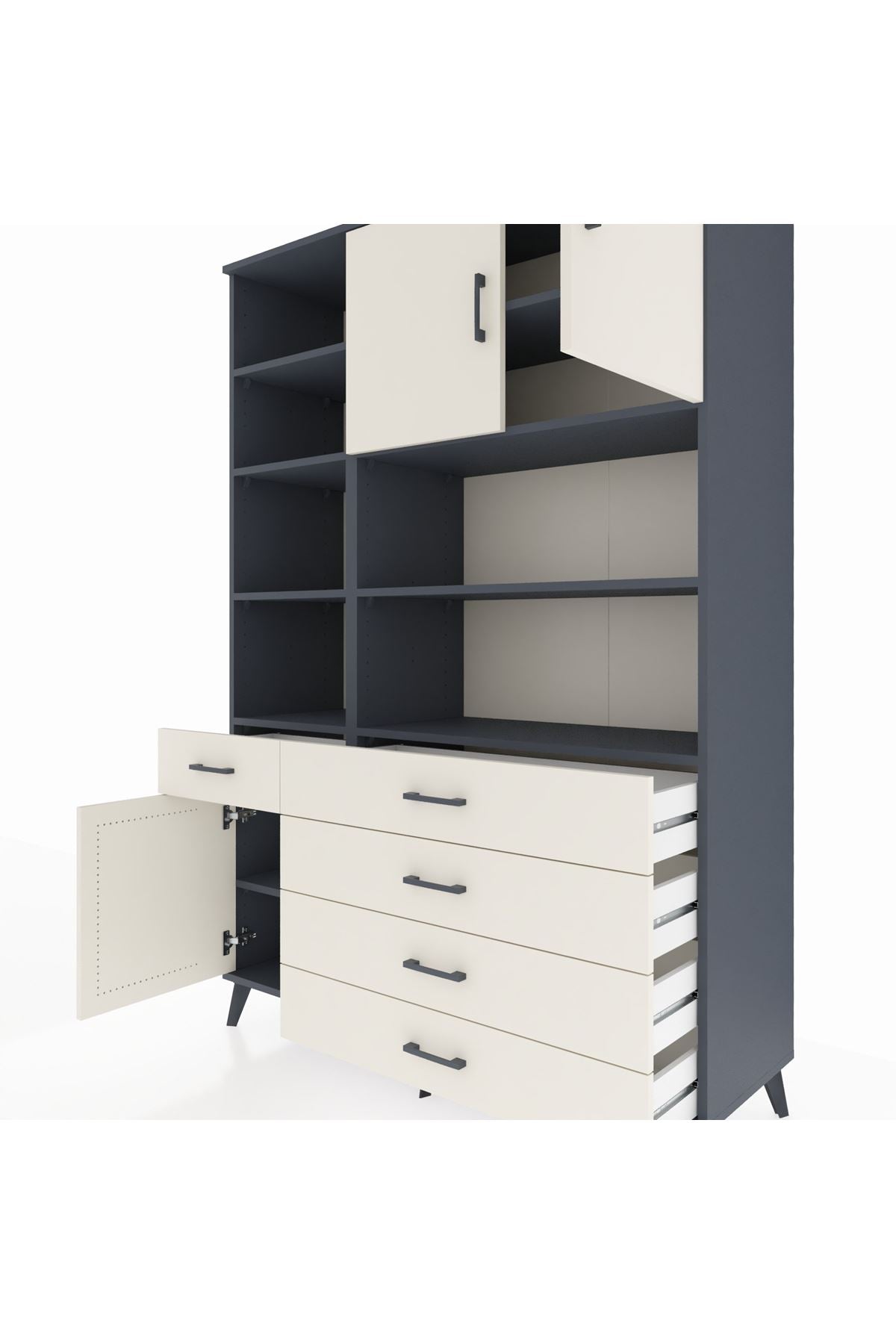 Hyperion Dolap 9 Raflı 5 Çekmeceli 3 Kapaklı 132x44x195 Antrasit-Aytaşı/Aytaşı