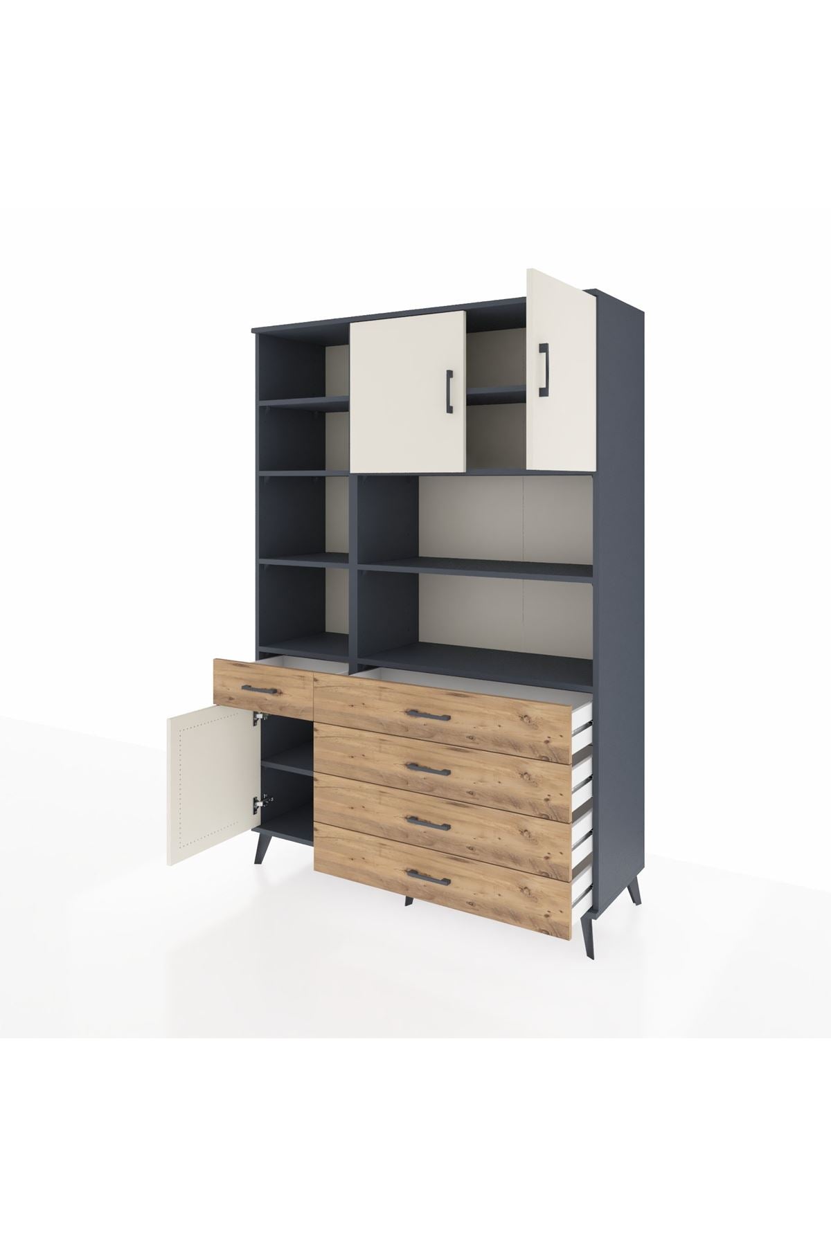 Hyperion Dolap 9 Raflı 5 Çekmeceli 3 Kapaklı 132x44x195 Antrasit-Aytaşı/Çam