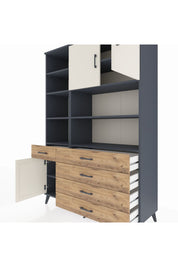 Hyperion Dolap 9 Raflı 5 Çekmeceli 3 Kapaklı 132x44x195 Antrasit-Aytaşı/Çam