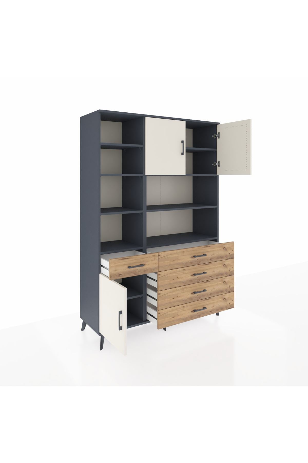 Hyperion Dolap 9 Raflı 5 Çekmeceli 3 Kapaklı 132x44x195 Antrasit-Aytaşı/Çam