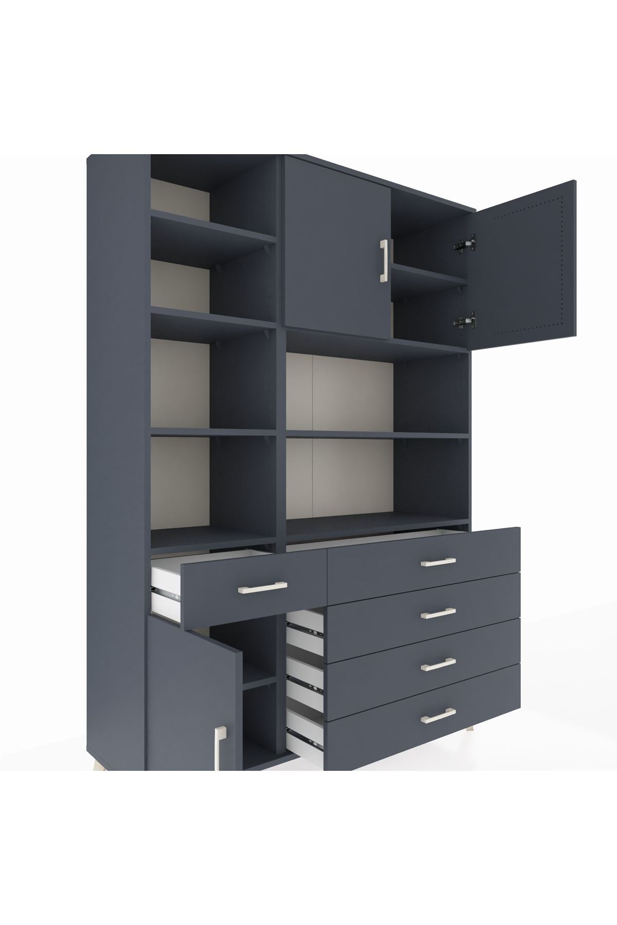 Hyperion Dolap 9 Raflı 5 Çekmeceli 3 Kapaklı 132x44x195 Antrasit-Antrasit/Antrasit