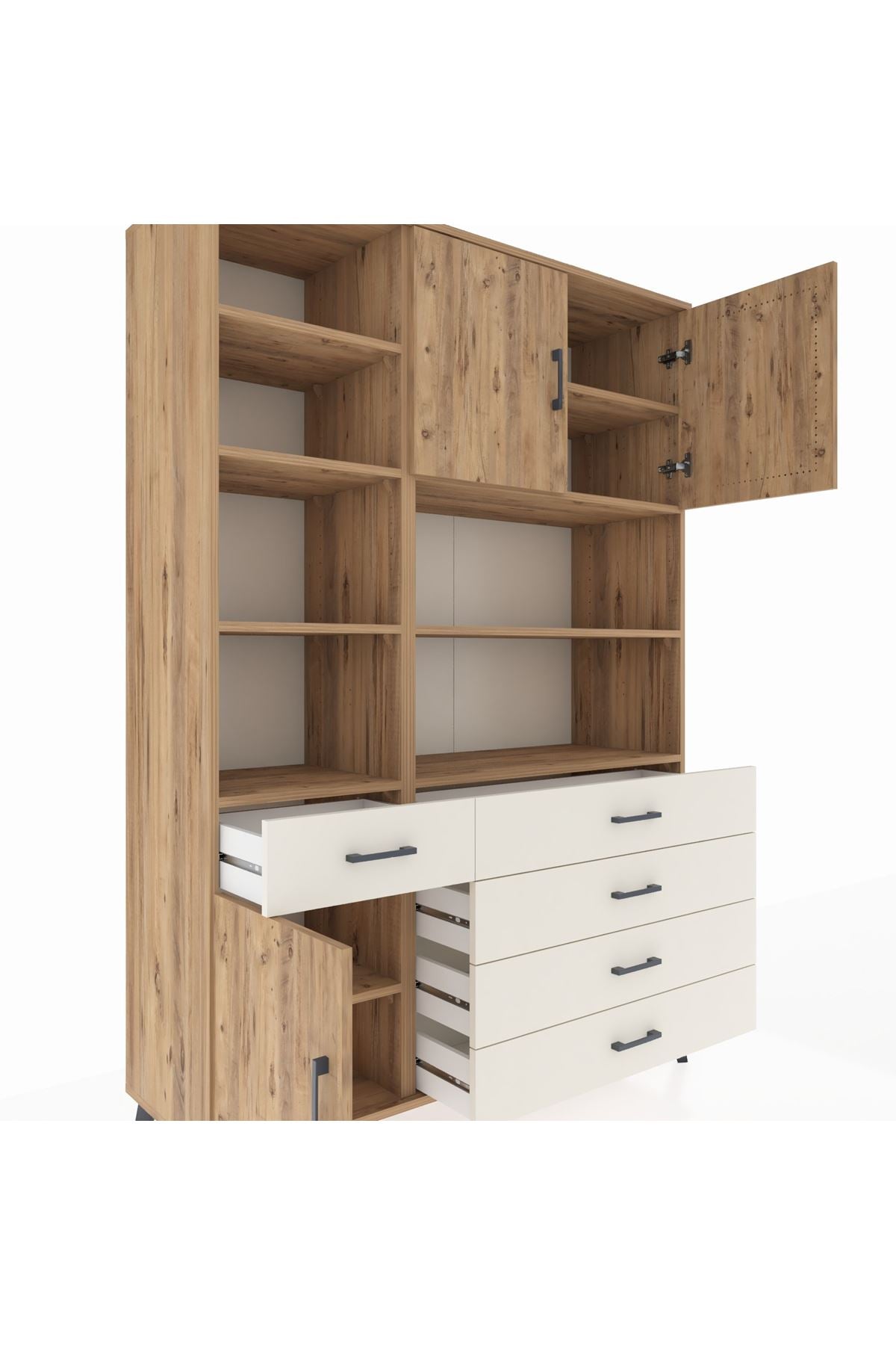 Hyperion Dolap 9 Raflı 5 Çekmeceli 3 Kapaklı 132x44x195 Çam-Çam/Aytaşı