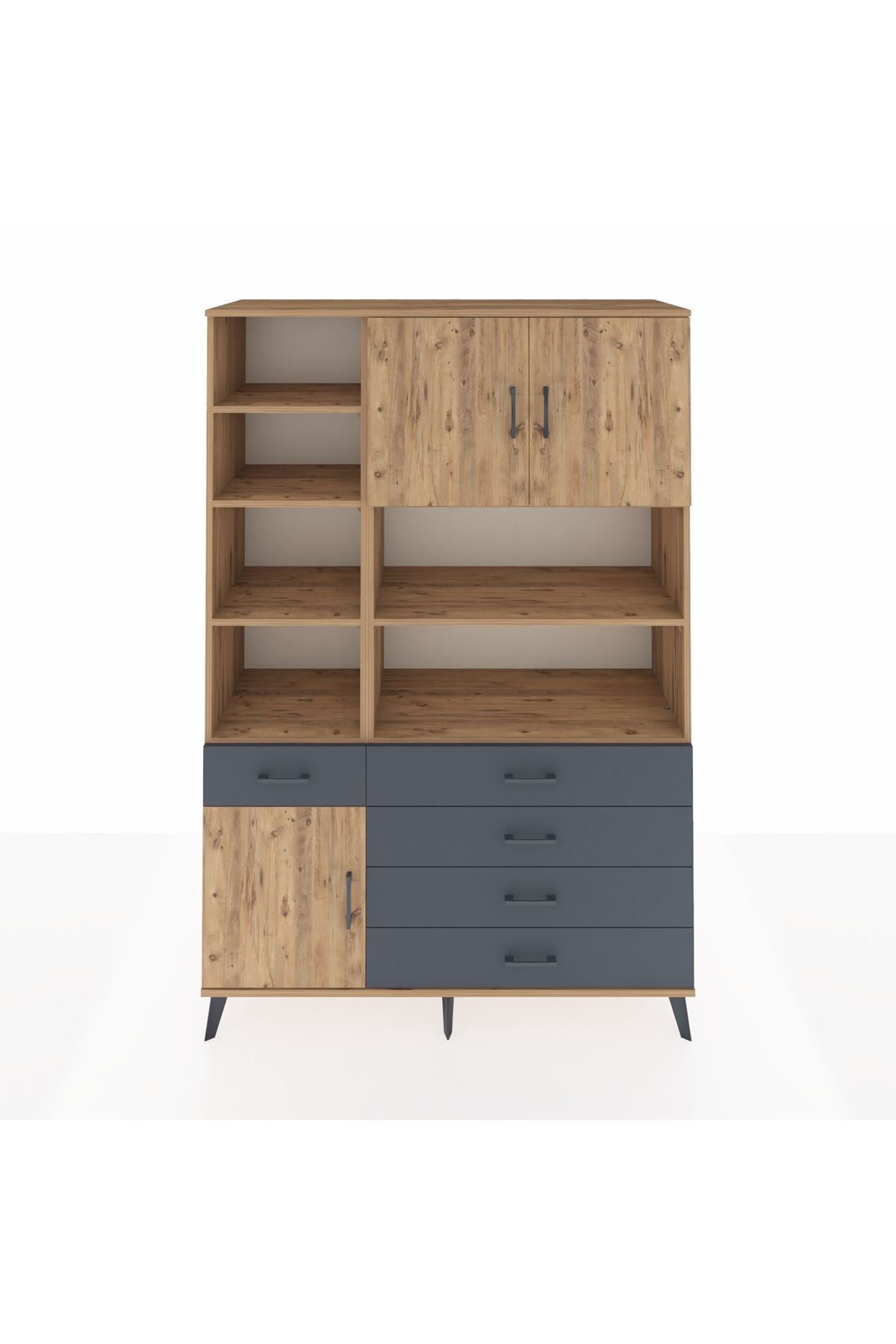 Hyperion Dolap 9 Raflı 5 Çekmeceli 3 Kapaklı 132x44x195 Çam-Çam/Antrasit