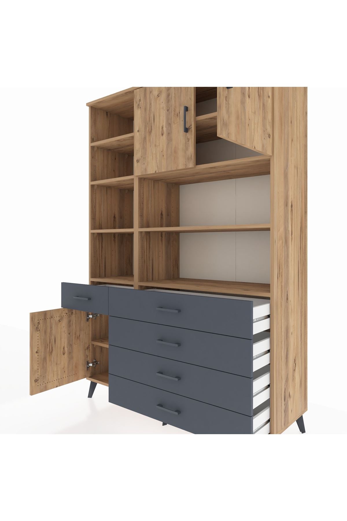 Hyperion Dolap 9 Raflı 5 Çekmeceli 3 Kapaklı 132x44x195 Çam-Çam/Antrasit