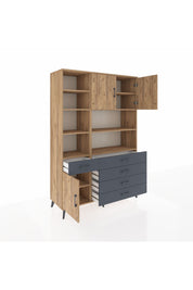 Hyperion Dolap 9 Raflı 5 Çekmeceli 3 Kapaklı 132x44x195 Çam-Çam/Antrasit