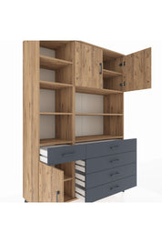 Hyperion Dolap 9 Raflı 5 Çekmeceli 3 Kapaklı 132x44x195 Çam-Çam/Antrasit
