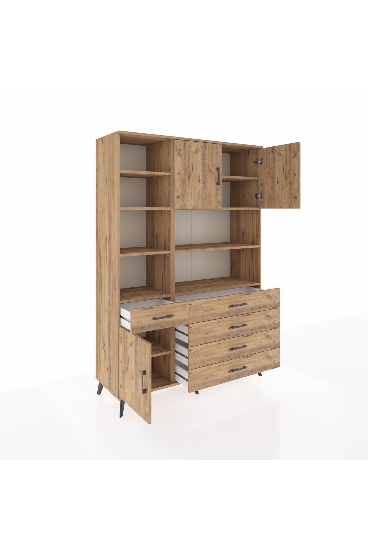 Hyperion Dolap 9 Raflı 5 Çekmeceli 3 Kapaklı 132x44x195 Çam-Çam/Çam