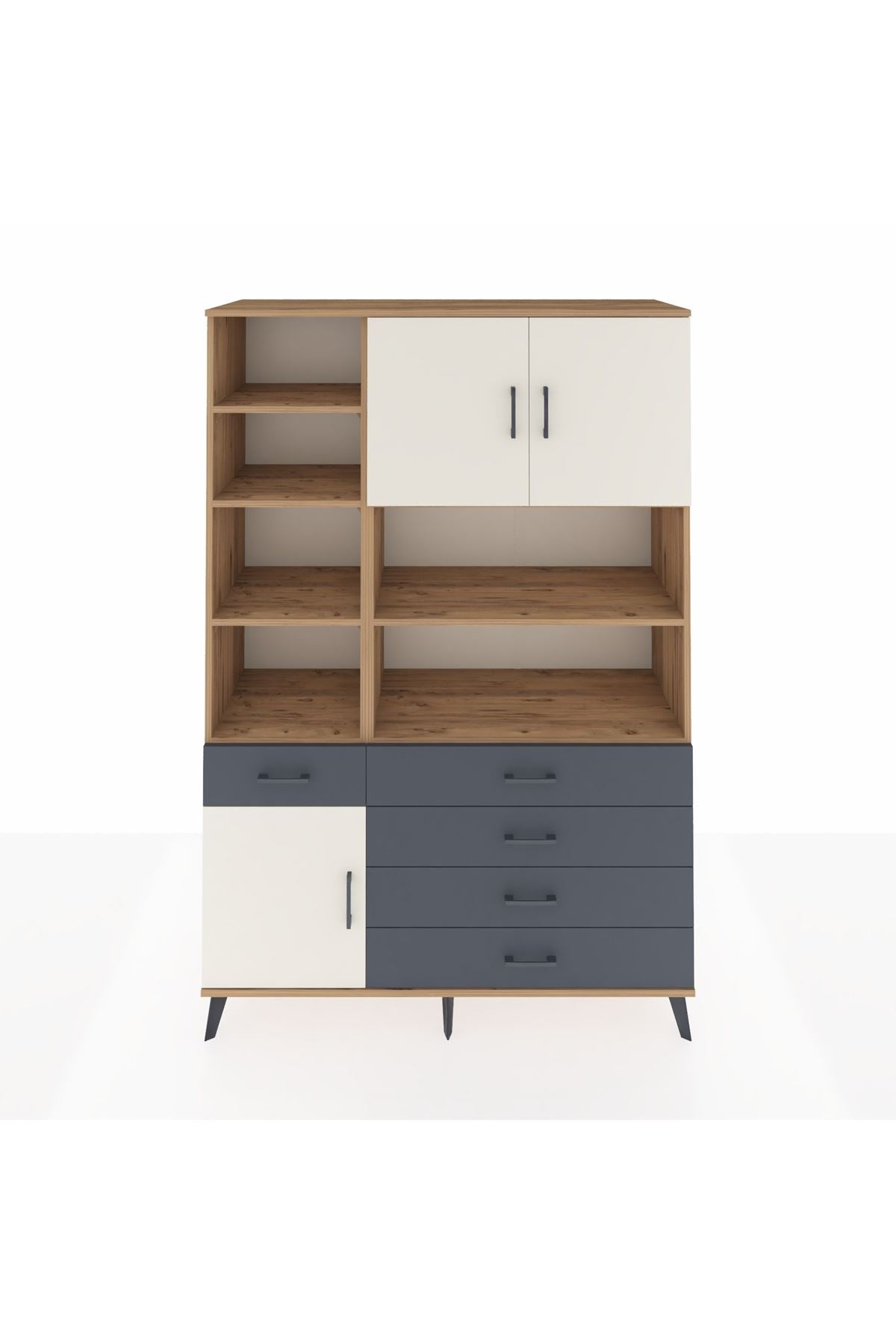 Hyperion Dolap 9 Raflı 5 Çekmeceli 3 Kapaklı 132x44x195 Çam-Aytaşı/Antrasit