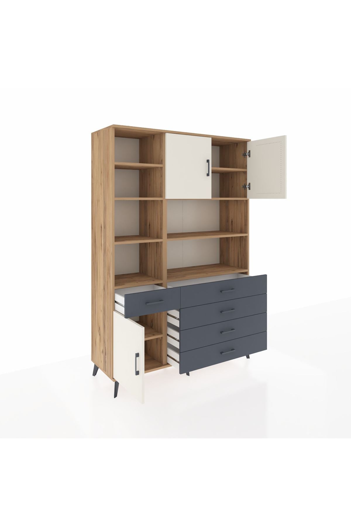 Hyperion Dolap 9 Raflı 5 Çekmeceli 3 Kapaklı 132x44x195 Çam-Aytaşı/Antrasit