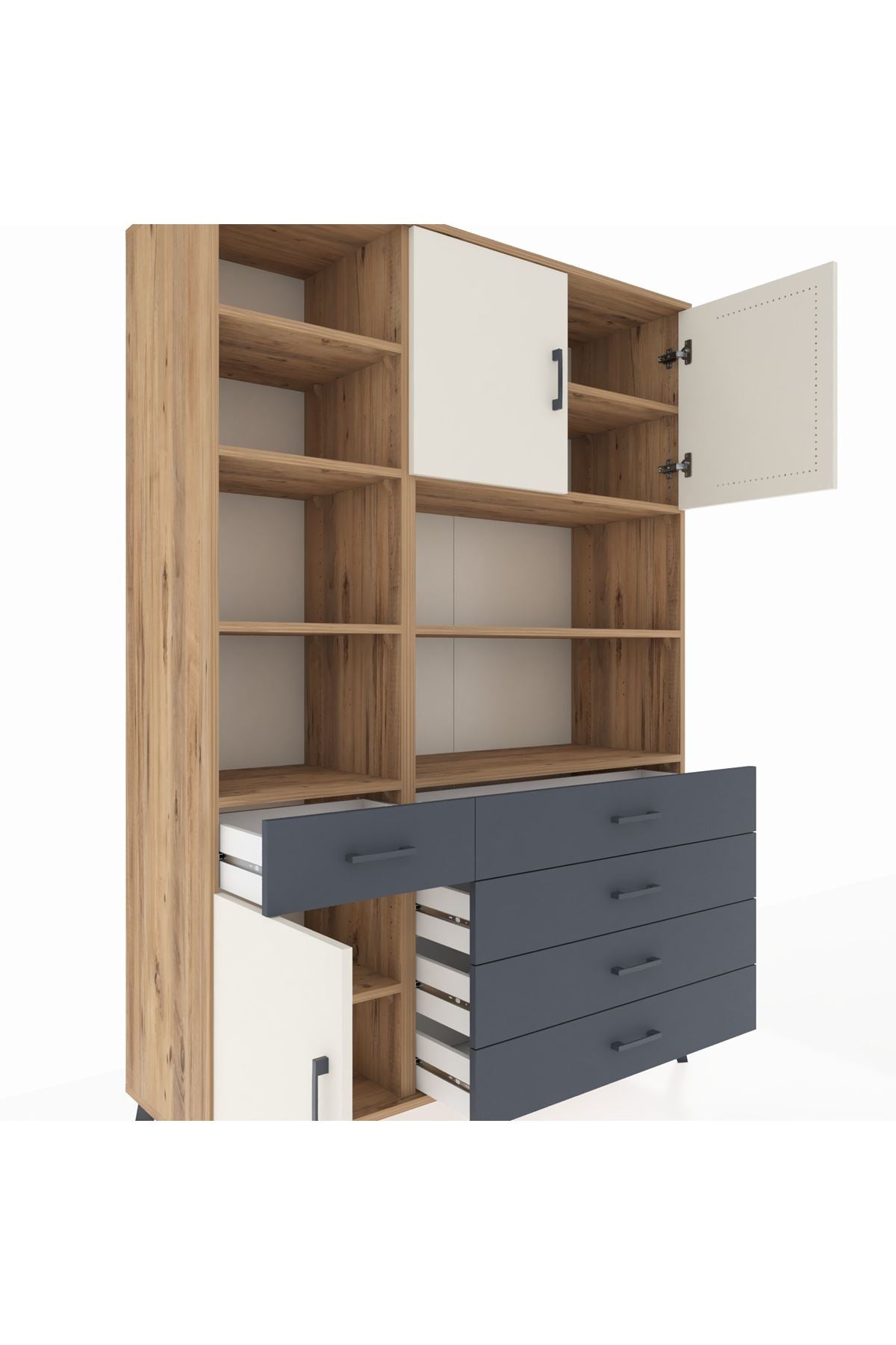 Hyperion Dolap 9 Raflı 5 Çekmeceli 3 Kapaklı 132x44x195 Çam-Aytaşı/Antrasit