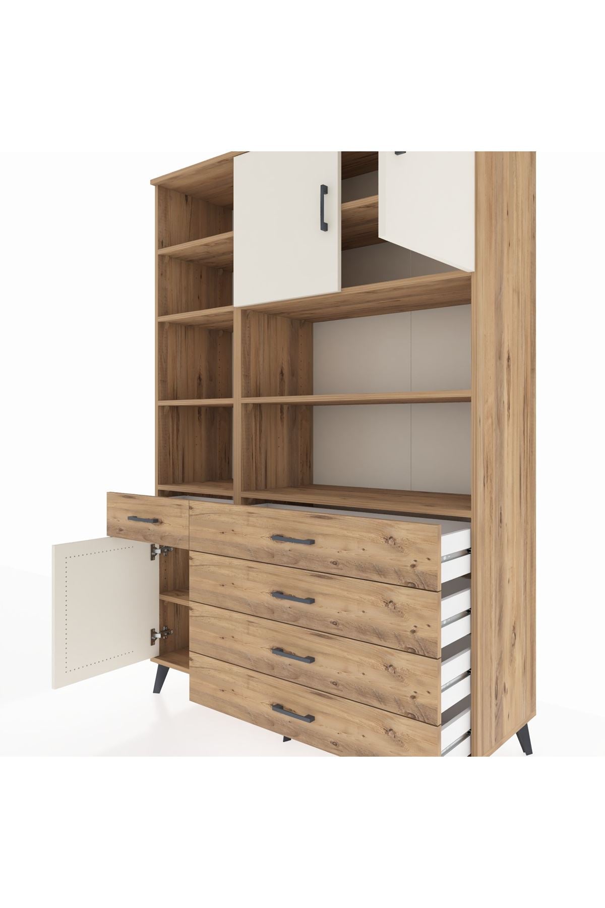 Hyperion Dolap 9 Raflı 5 Çekmeceli 3 Kapaklı 132x44x195 Çam-Aytaşı/Çam