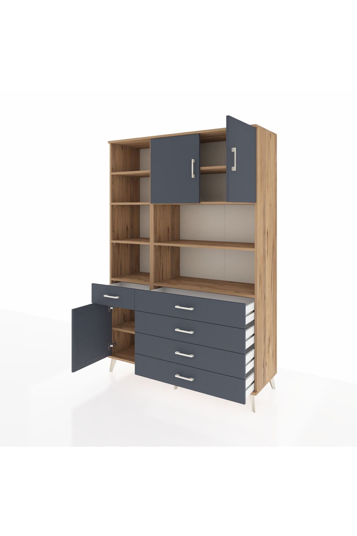 Hyperion Dolap 9 Raflı 5 Çekmeceli 3 Kapaklı 132x44x195 Çam-Antrasit/Antrasit