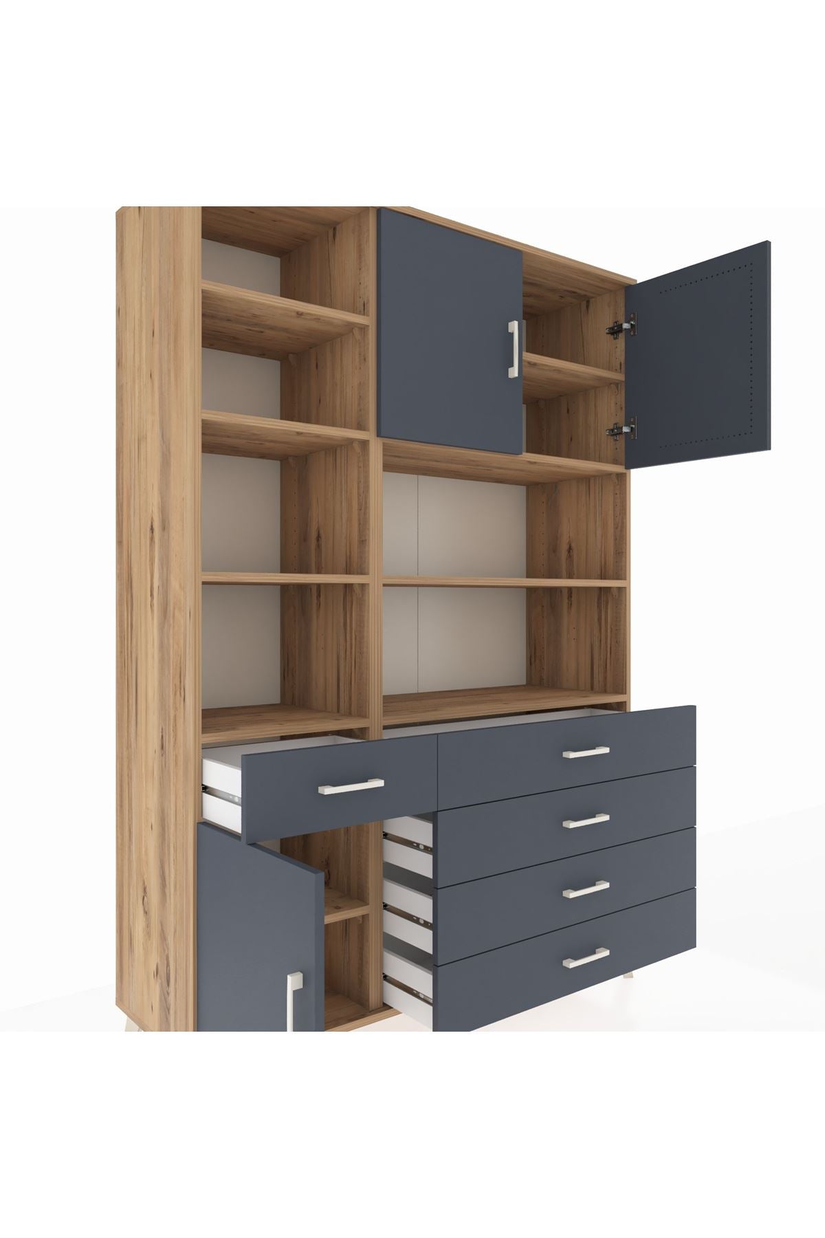 Hyperion Dolap 9 Raflı 5 Çekmeceli 3 Kapaklı 132x44x195 Çam-Antrasit/Antrasit