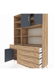 Hyperion Dolap 9 Raflı 5 Çekmeceli 3 Kapaklı 132x44x195 Çam-Antrasit/Çam