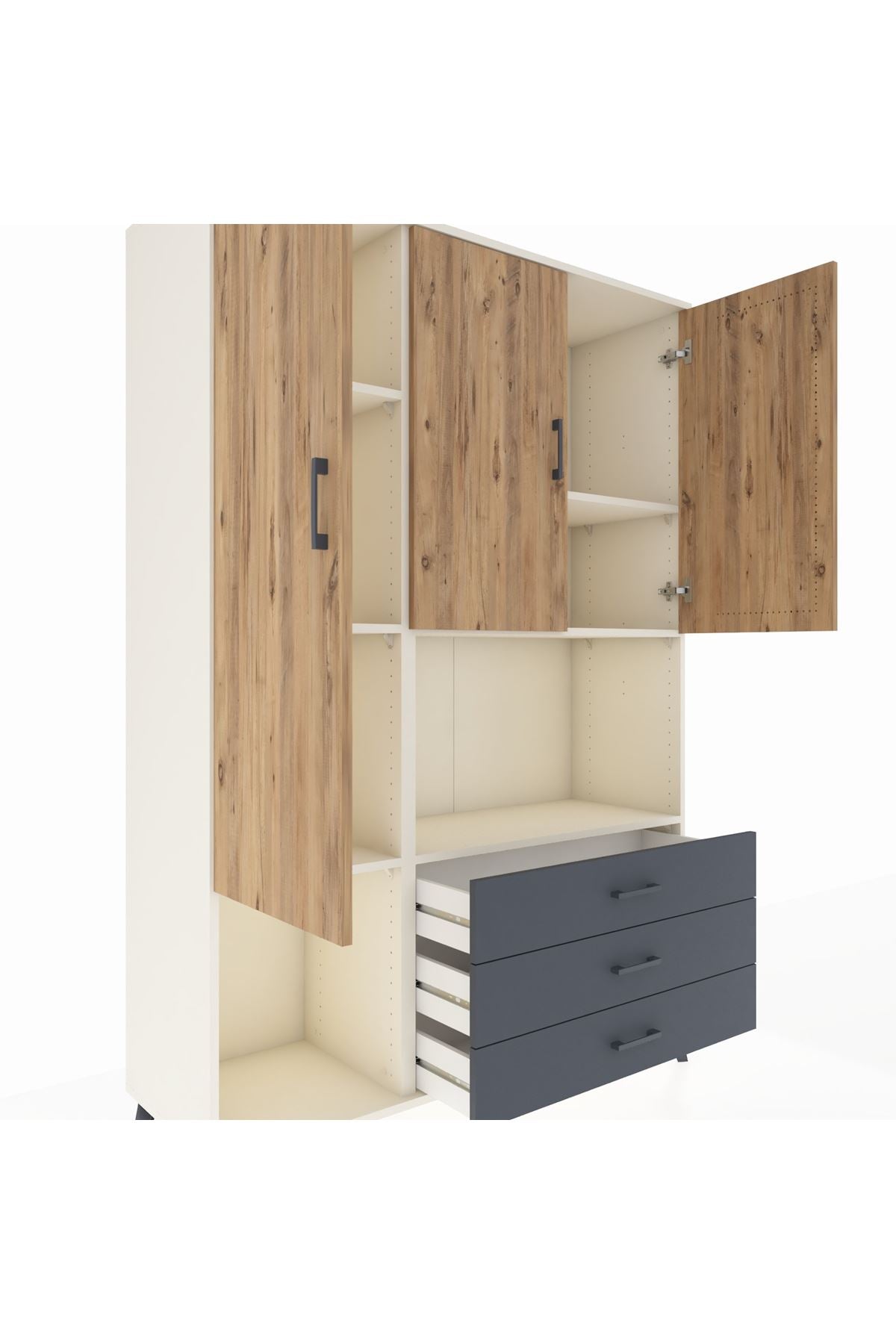 Hyperion Dolap 6 Raflı 3 Çekmeceli 3 Kapaklı 132x44x195 Aytaşı-Çam/Antrasit