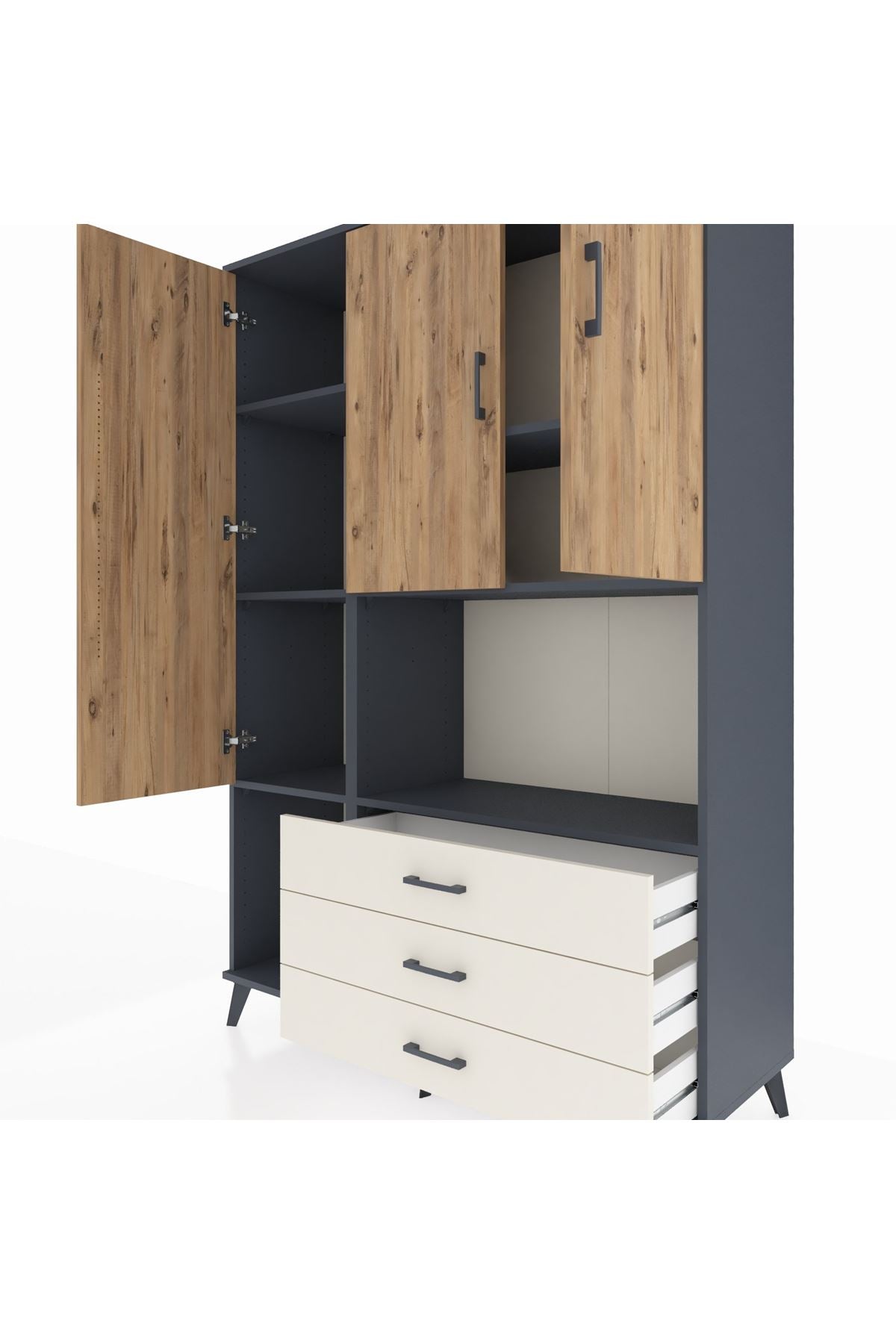 Hyperion Dolap 6 Raflı 3 Çekmeceli 3 Kapaklı 132x44x195 Antrasit-Çam/Aytaşı