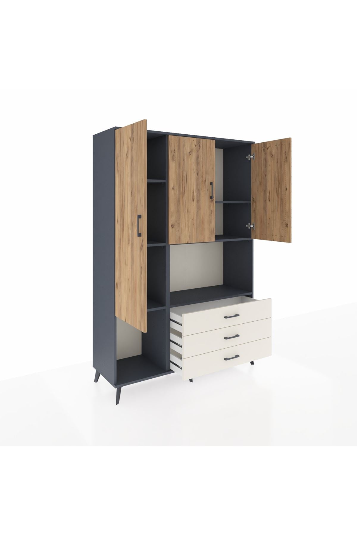 Hyperion Dolap 6 Raflı 3 Çekmeceli 3 Kapaklı 132x44x195 Antrasit-Çam/Aytaşı