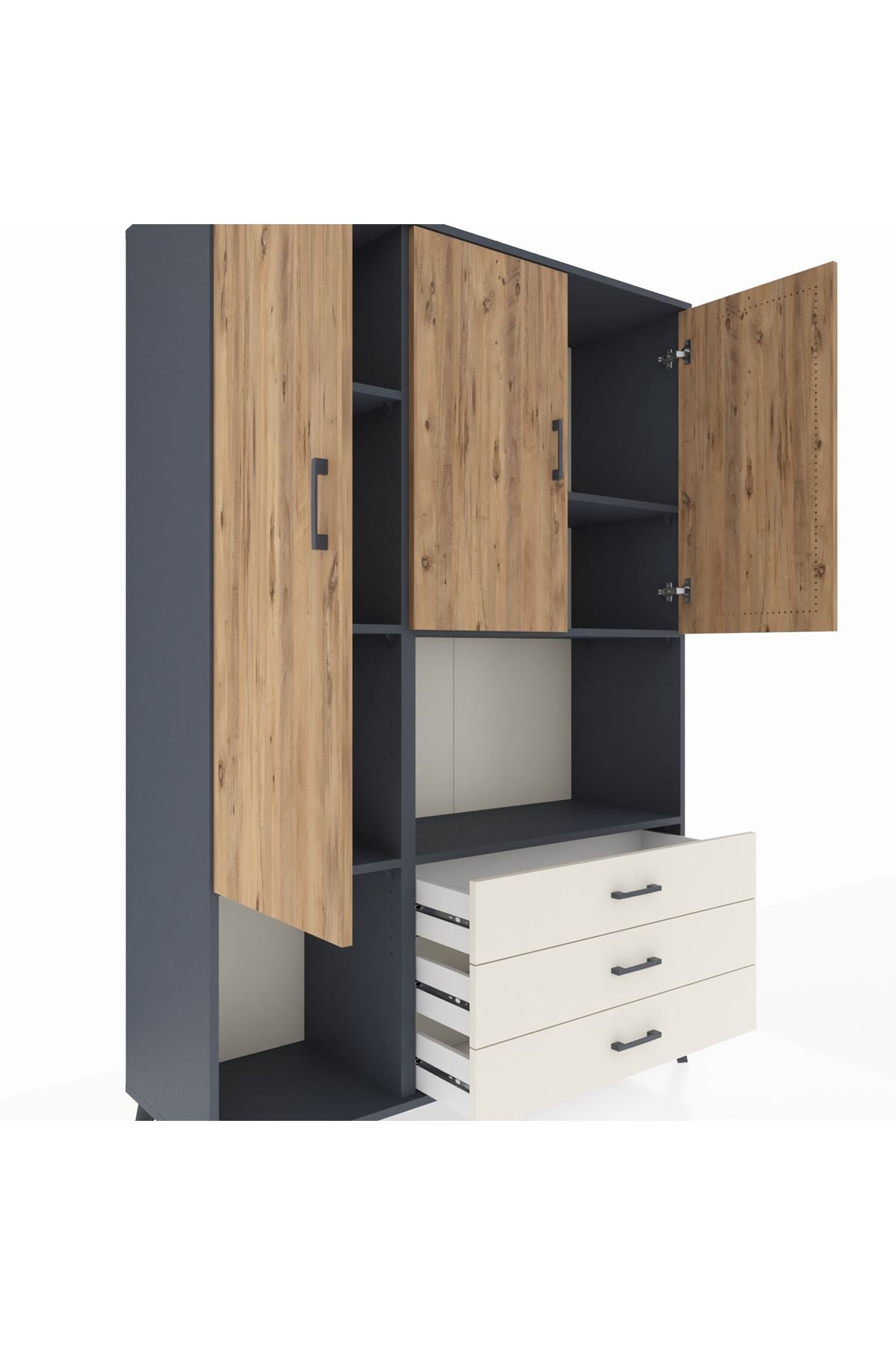 Hyperion Dolap 6 Raflı 3 Çekmeceli 3 Kapaklı 132x44x195 Antrasit-Çam/Aytaşı