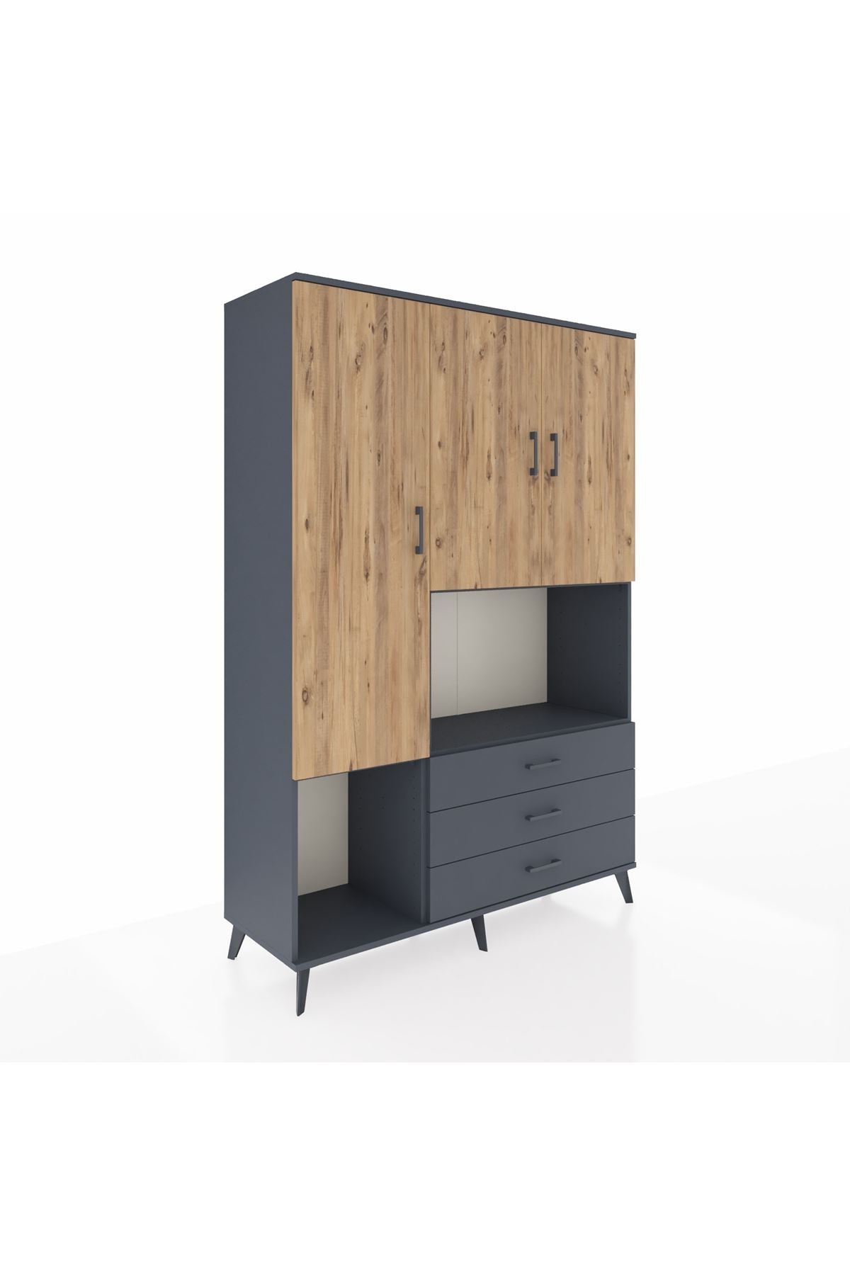 Hyperion Dolap 6 Raflı 3 Çekmeceli 3 Kapaklı 132x44x195 Antrasit-Çam/Antrasit