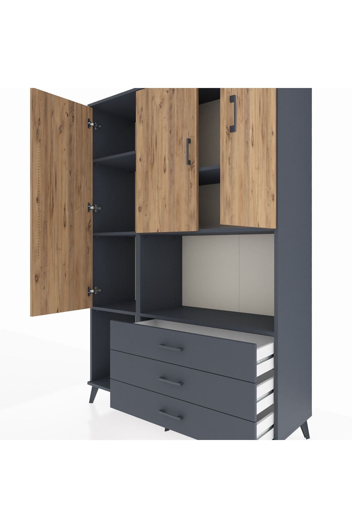 Hyperion Dolap 6 Raflı 3 Çekmeceli 3 Kapaklı 132x44x195 Antrasit-Çam/Antrasit