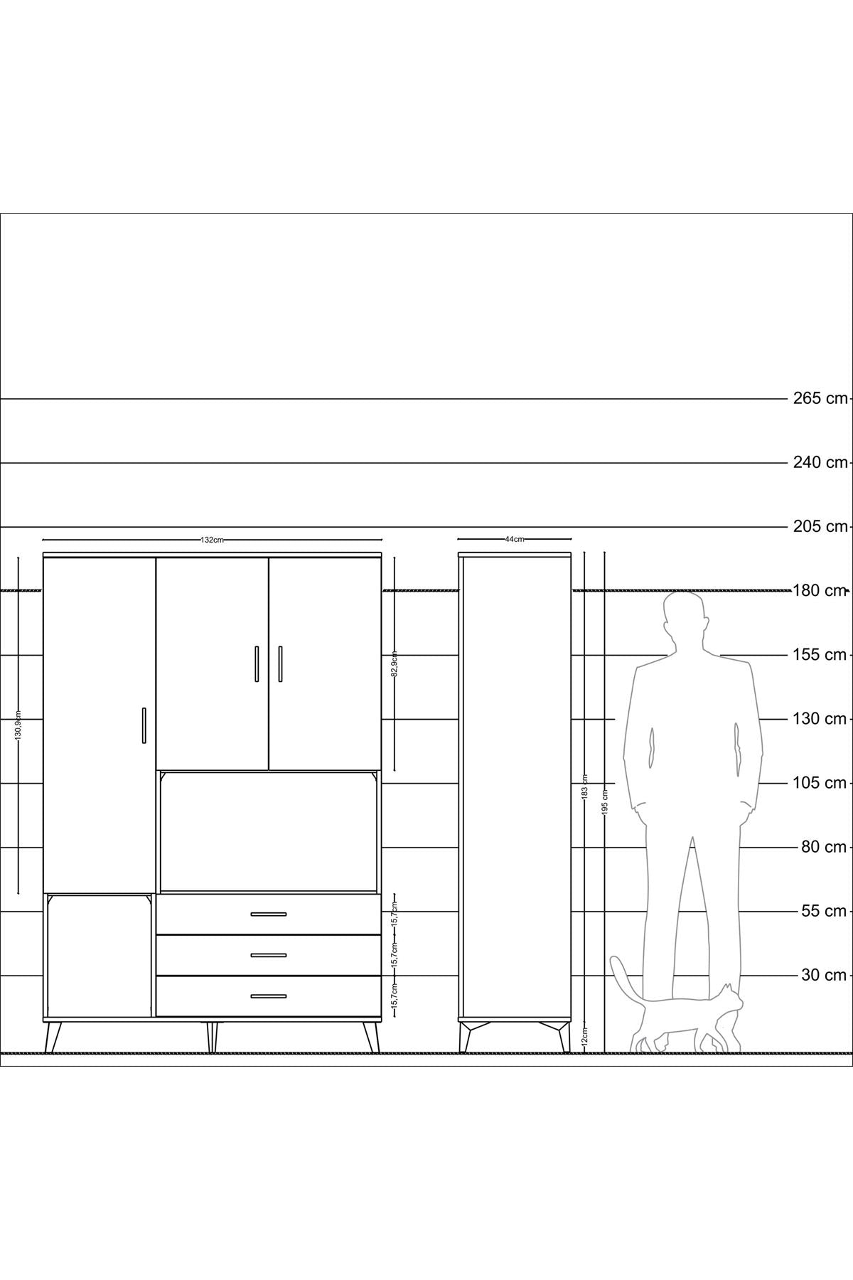 Hyperion Dolap 6 Raflı 3 Çekmeceli 3 Kapaklı 132x44x195 Antrasit-Çam/Antrasit