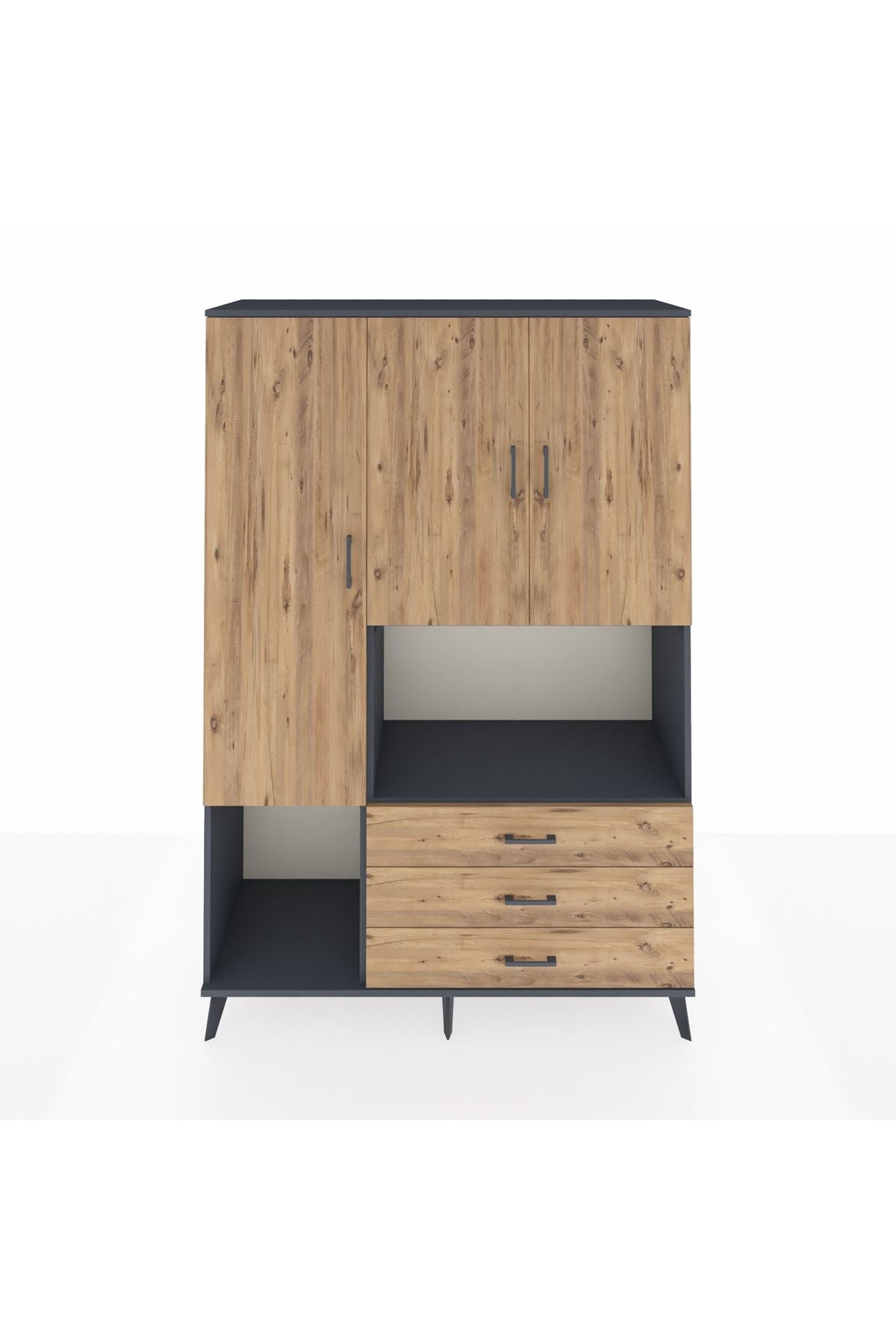 Hyperion Dolap 6 Raflı 3 Çekmeceli 3 Kapaklı 132x44x195 Antrasit-Çam/Çam